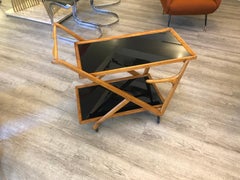 Cesare Lacca for Cassina Wheeled Walnut Wood Black Glass Shelves Tray