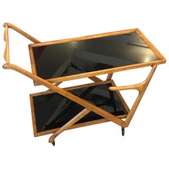Cesare Lacca for Cassina Wheeled Walnut Wood Black Glass Shelves Tray