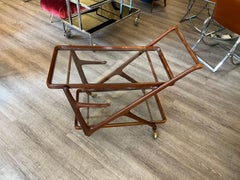 Cesare Lacca for Cassina Wheeled Walnut Wood Glass Shelves Tray