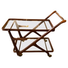 Cesare Lacca for Cassina Wheeled Walnut Wood Glass Shelves Tray