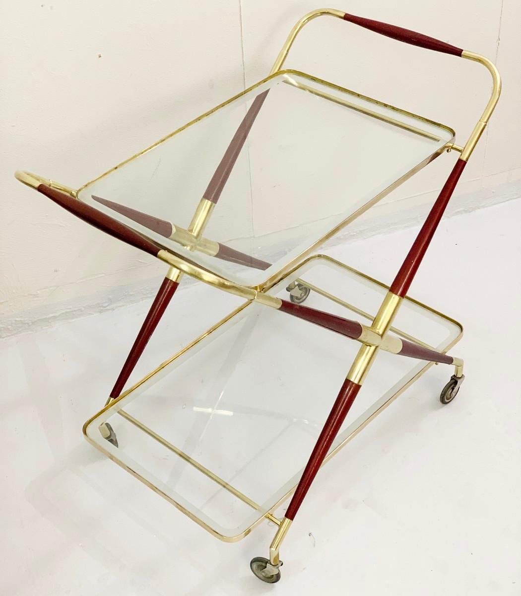 Mid-Century Modern Cesare Lacca Gilt Brass and Wood Trolley Bar