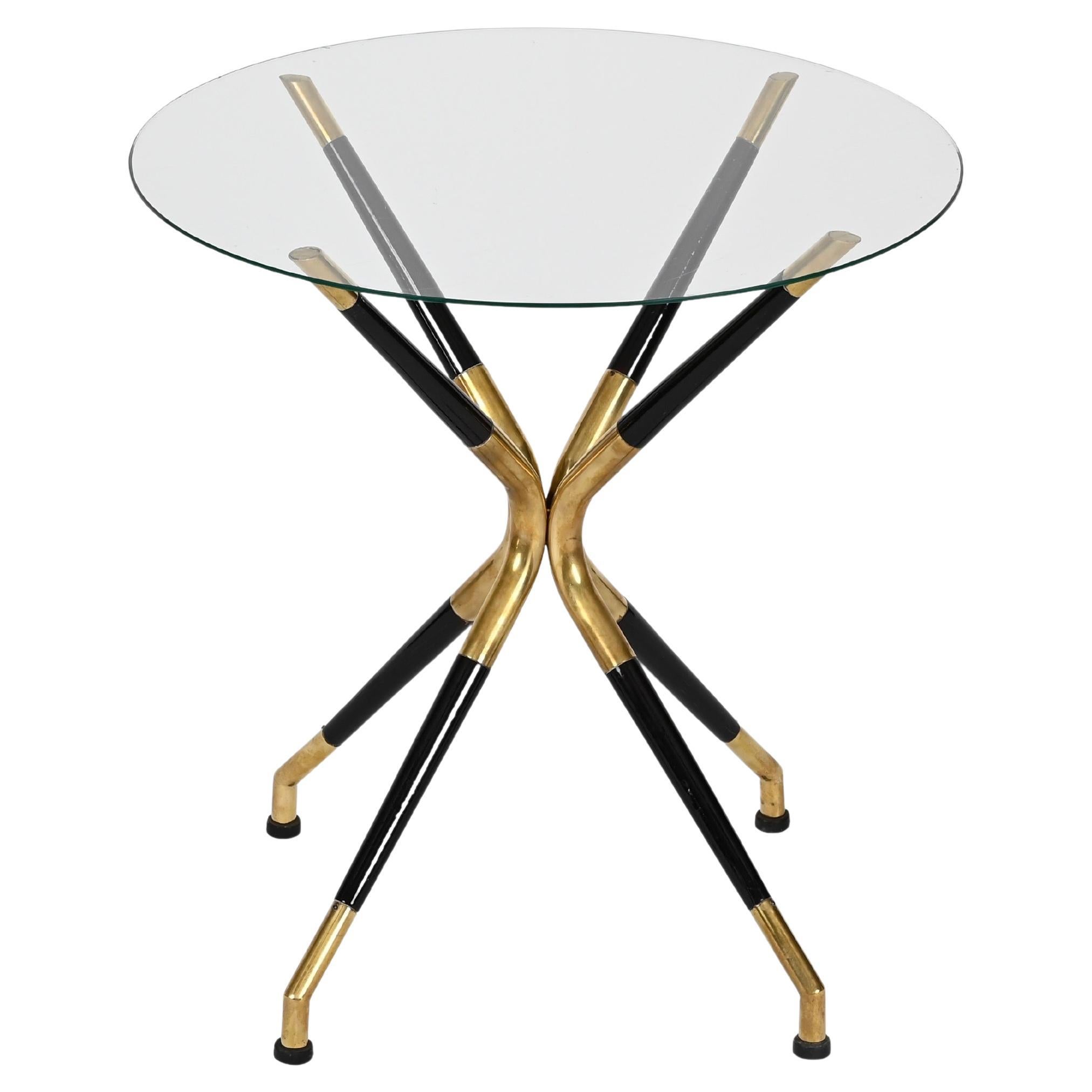 Cesare Lacca Italian Mid-Century Brass and Lacquered Wood Round Side Table 1950s For Sale