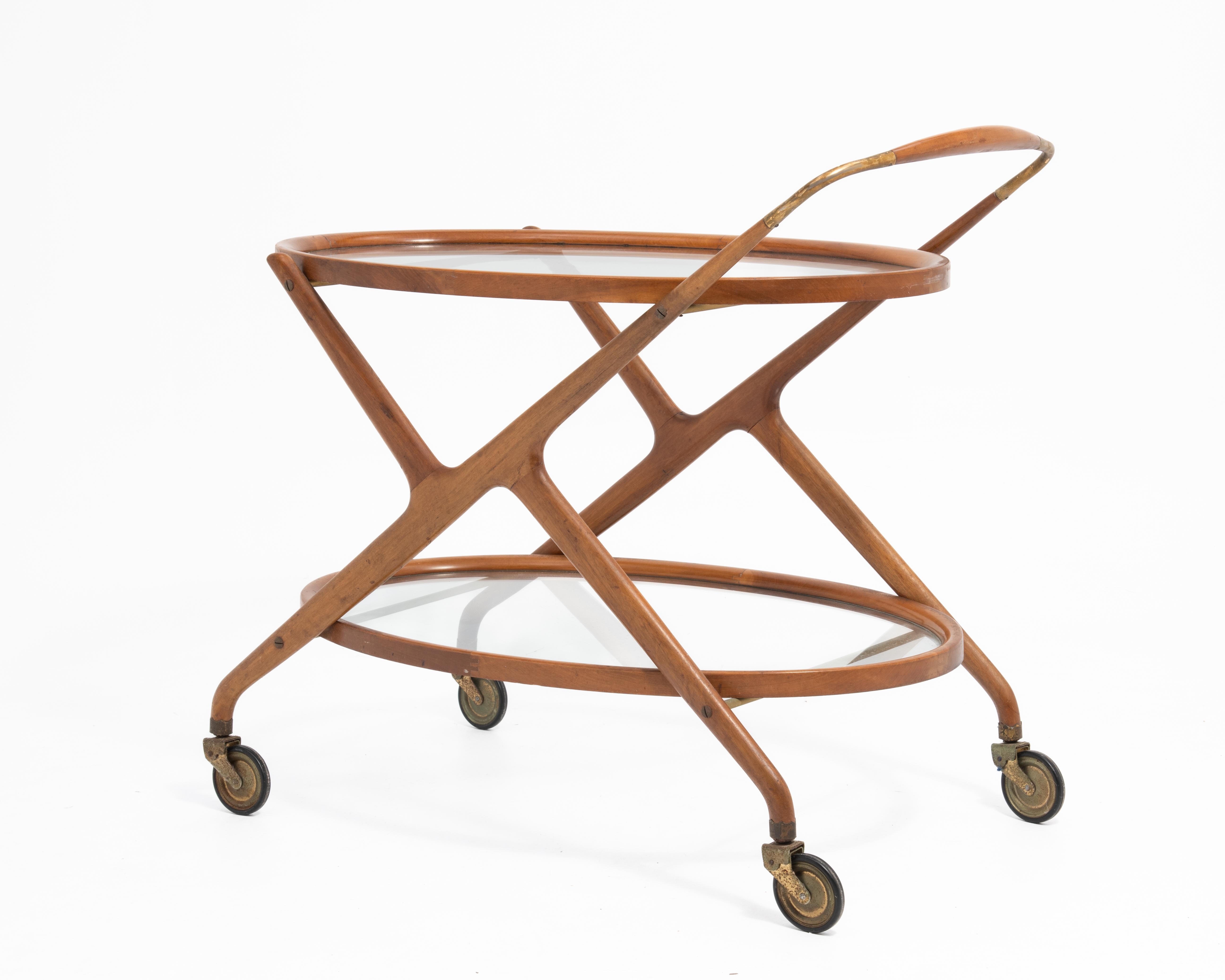 Cesare Lacca Italian Mid-Century Oval Teak and Brass Serving Trolley Bar Cart For Sale 5