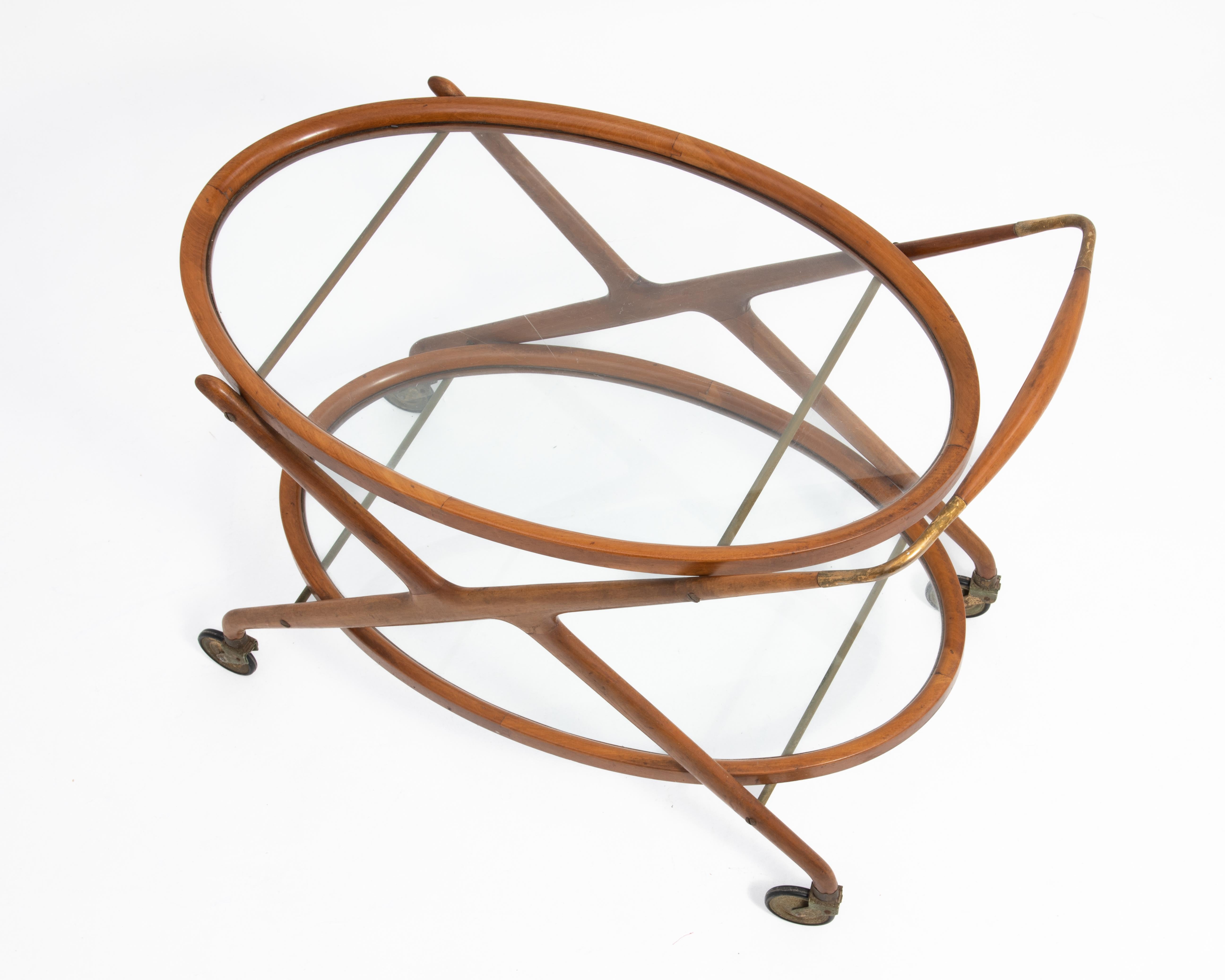 Cesare Lacca Italian Mid-Century Oval Teak and Brass Serving Trolley Bar Cart For Sale 7