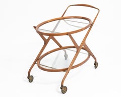 Cesare Lacca Italian Mid-Century Oval Teak and Brass Serving Trolley Bar Cart