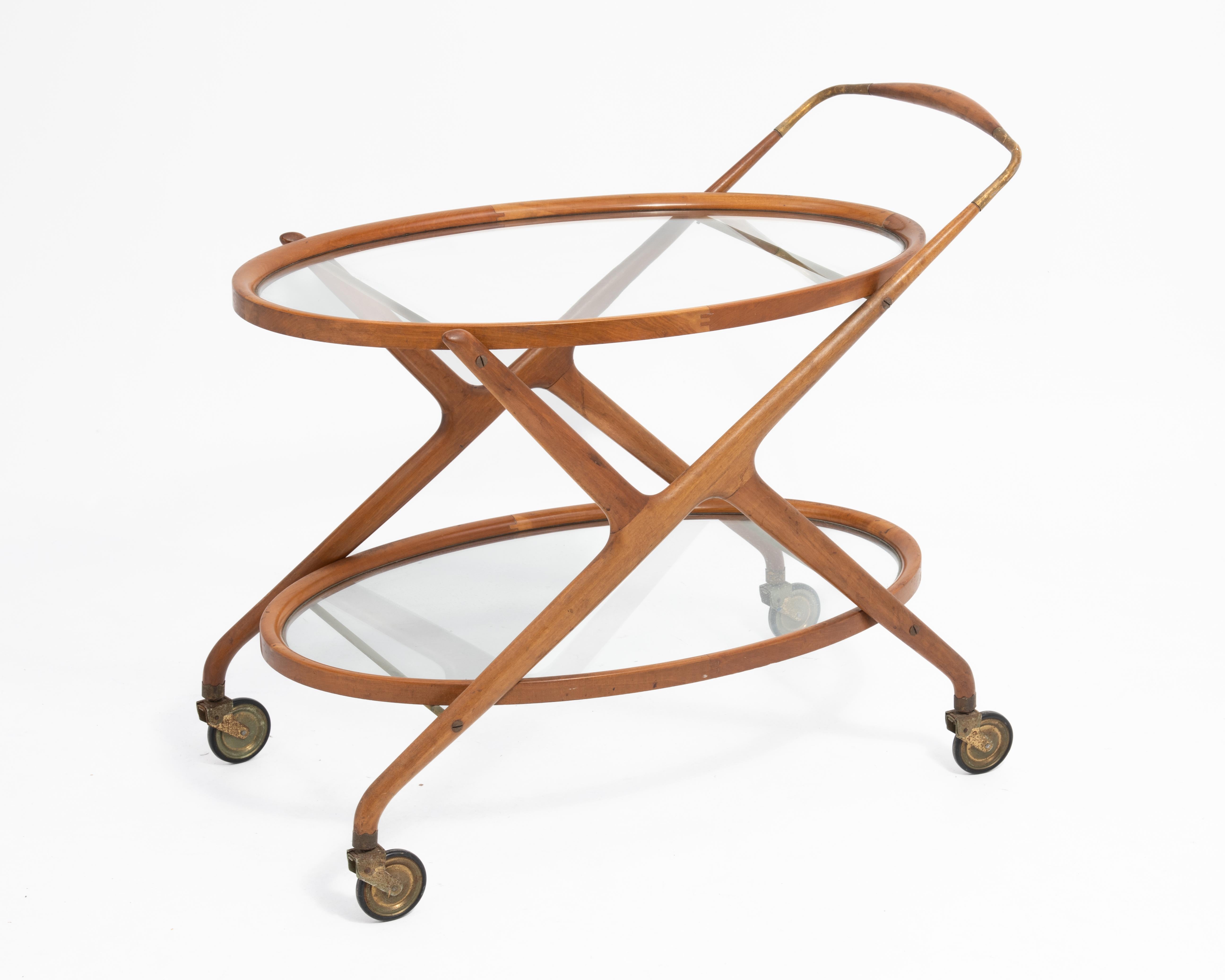 Mid-Century Modern Cesare Lacca Italian Mid-Century Oval Teak and Brass Serving Trolley Bar Cart For Sale