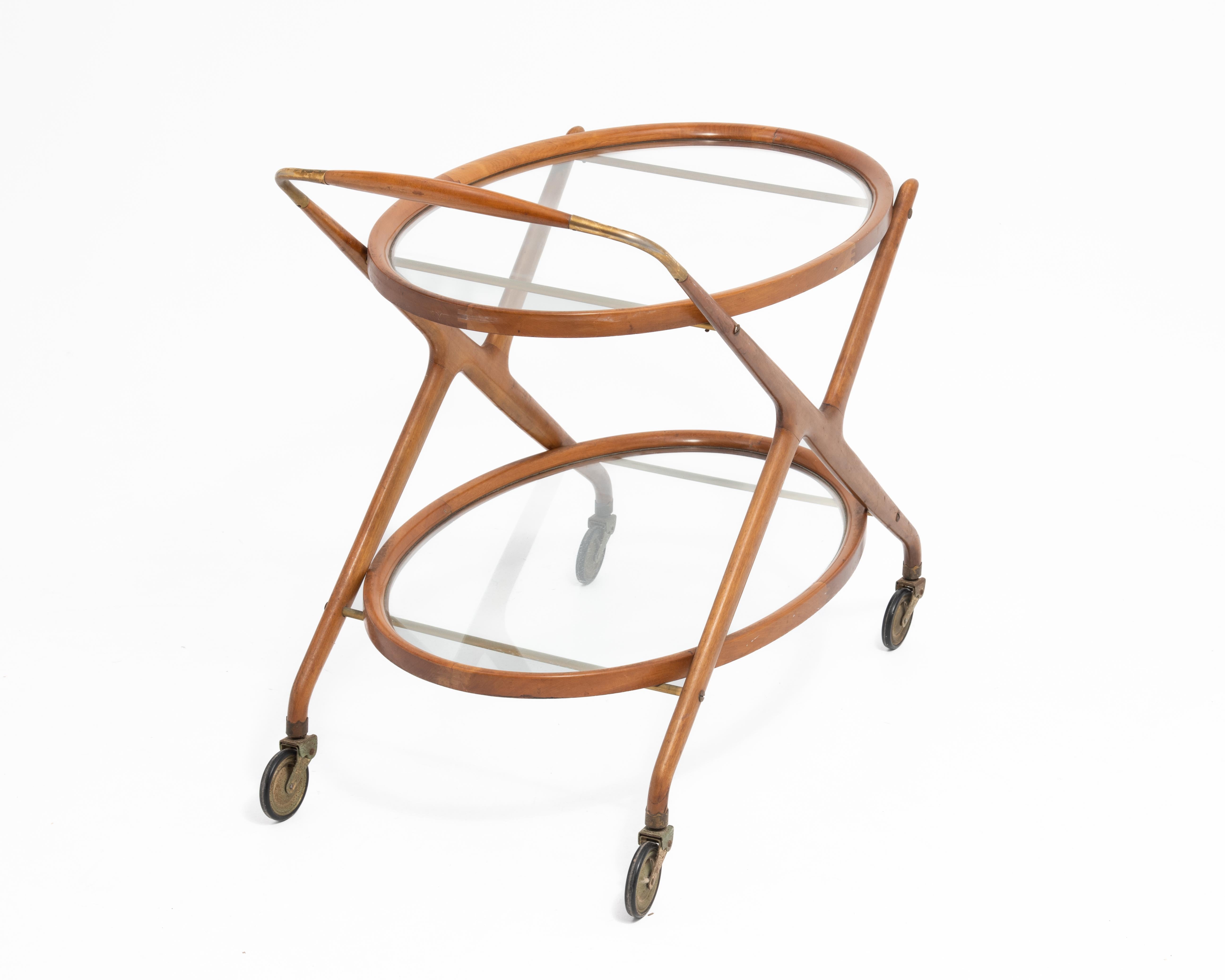 Mid-20th Century Cesare Lacca Italian Mid-Century Oval Teak and Brass Serving Trolley Bar Cart For Sale