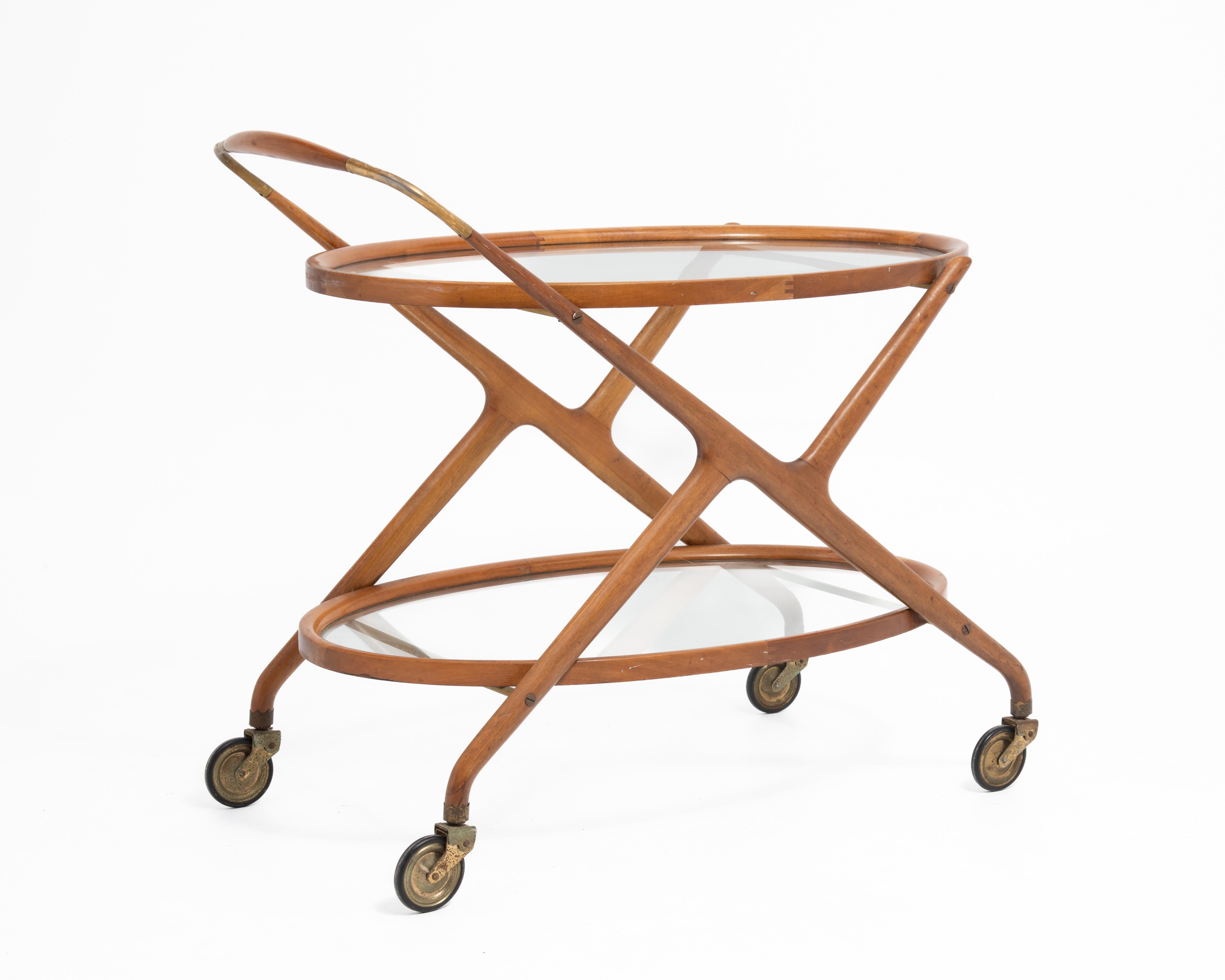 Cesare Lacca Italian Mid-Century Oval Teak and Brass Serving Trolley Bar Cart For Sale 1