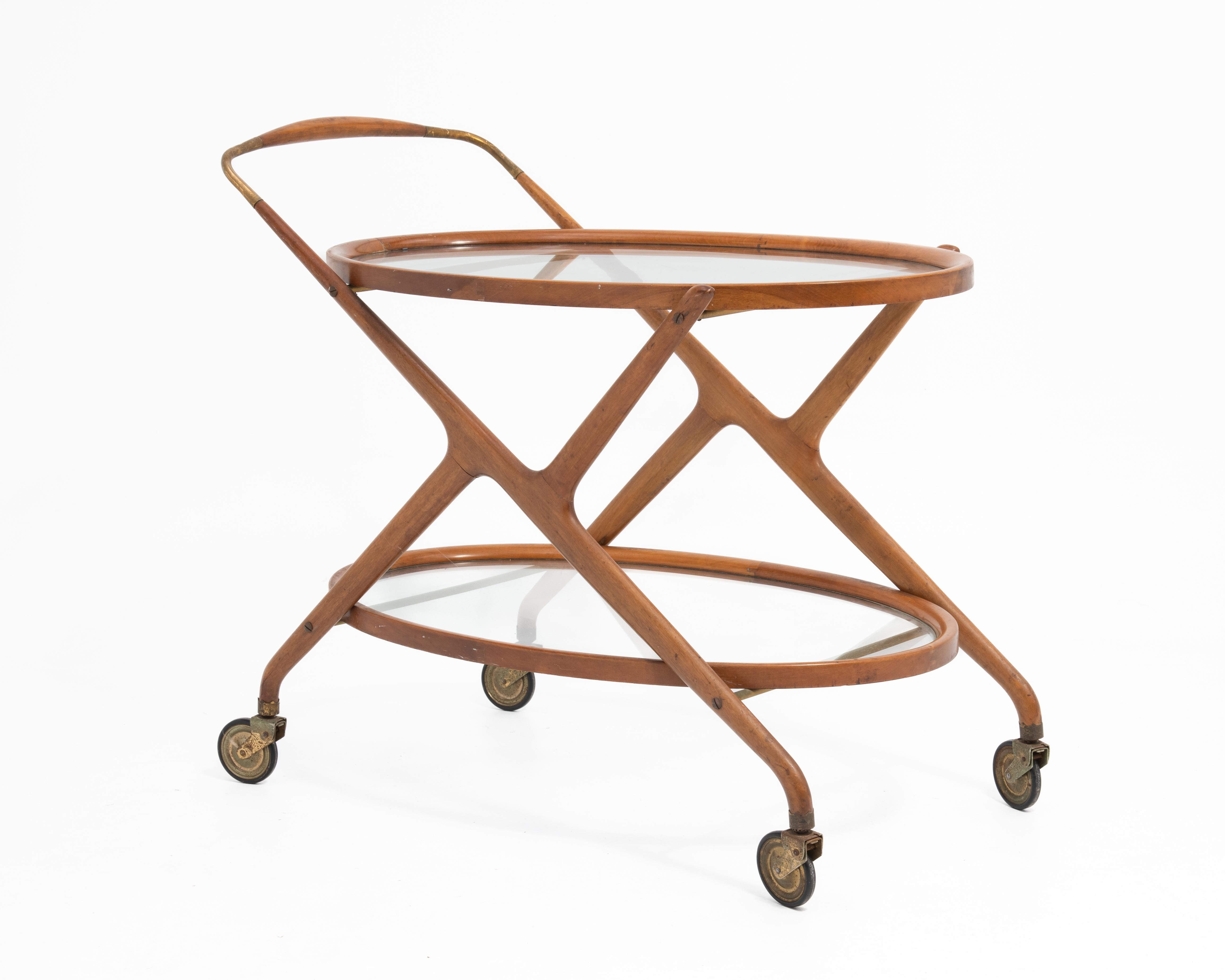 Cesare Lacca Italian Mid-Century Oval Teak and Brass Serving Trolley Bar Cart For Sale 2