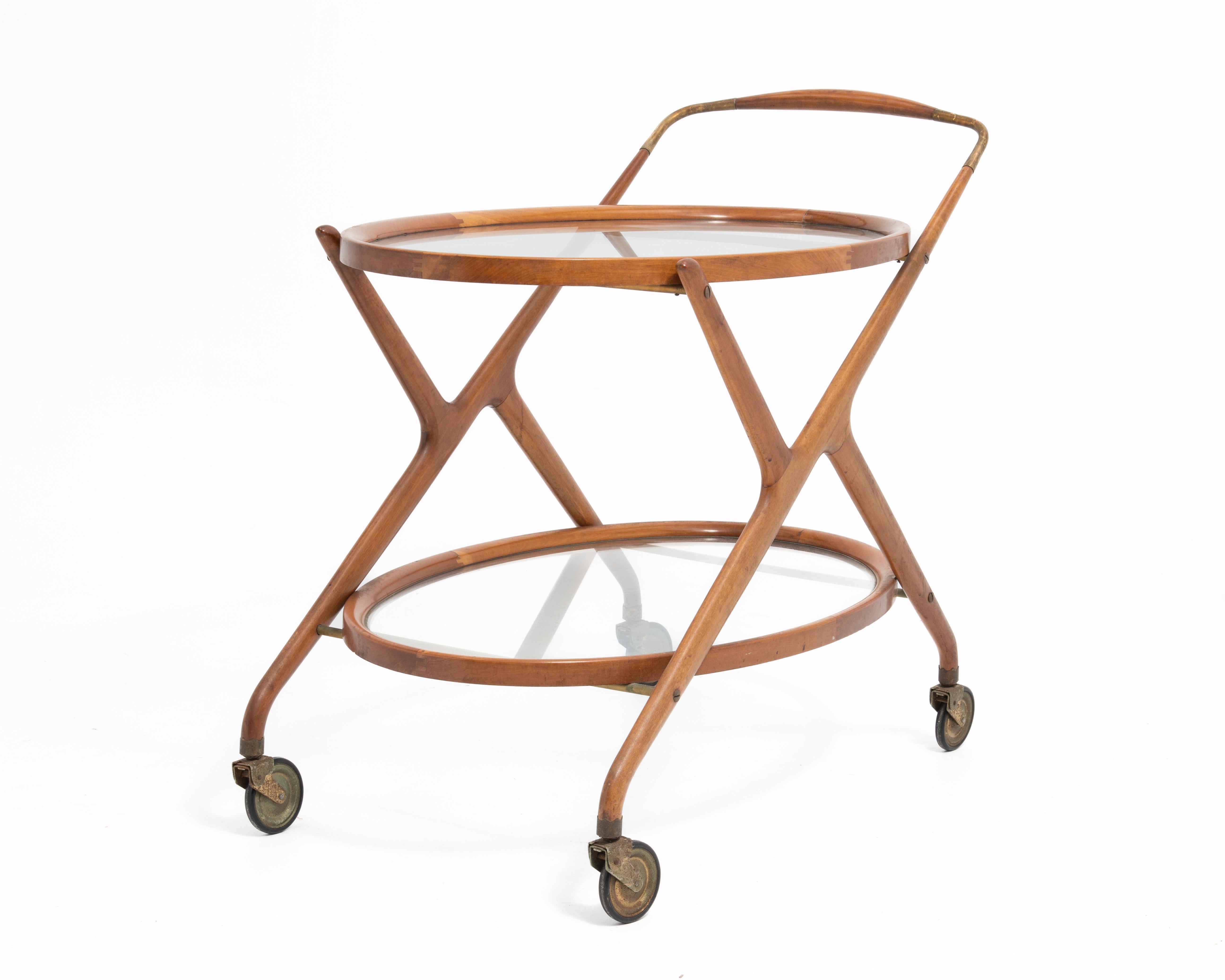 Cesare Lacca Italian Mid-Century Oval Teak and Brass Serving Trolley Bar Cart For Sale 3