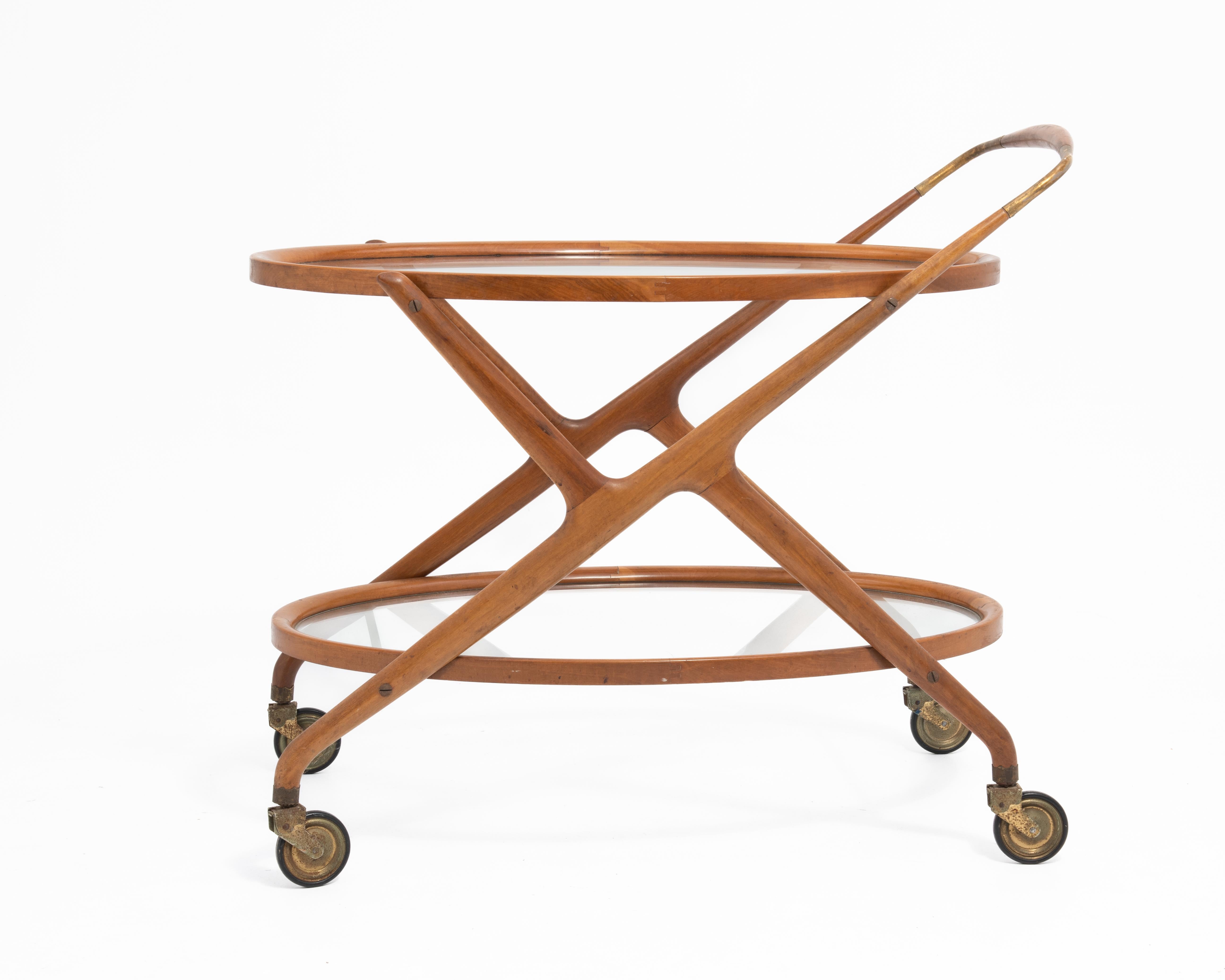 Cesare Lacca Italian Mid-Century Oval Teak and Brass Serving Trolley Bar Cart For Sale 4