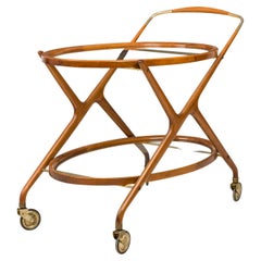 Cesare Lacca Italian Mid-Century Oval Teak and Brass Serving Trolley Bar Cart