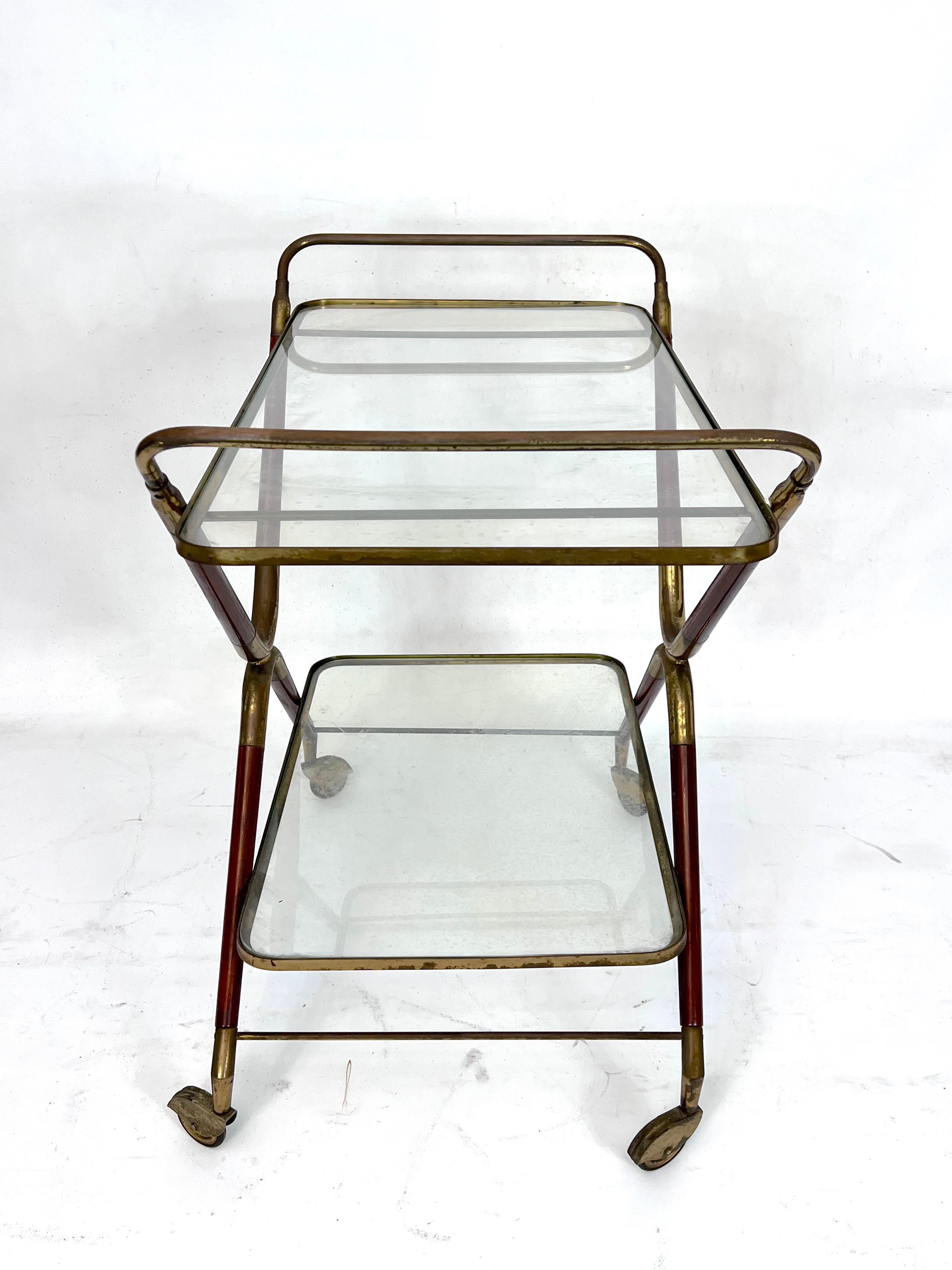 Cesare Lacca, Mid-Century Brass and Wood Bar Cart, Italy, 1950s 4