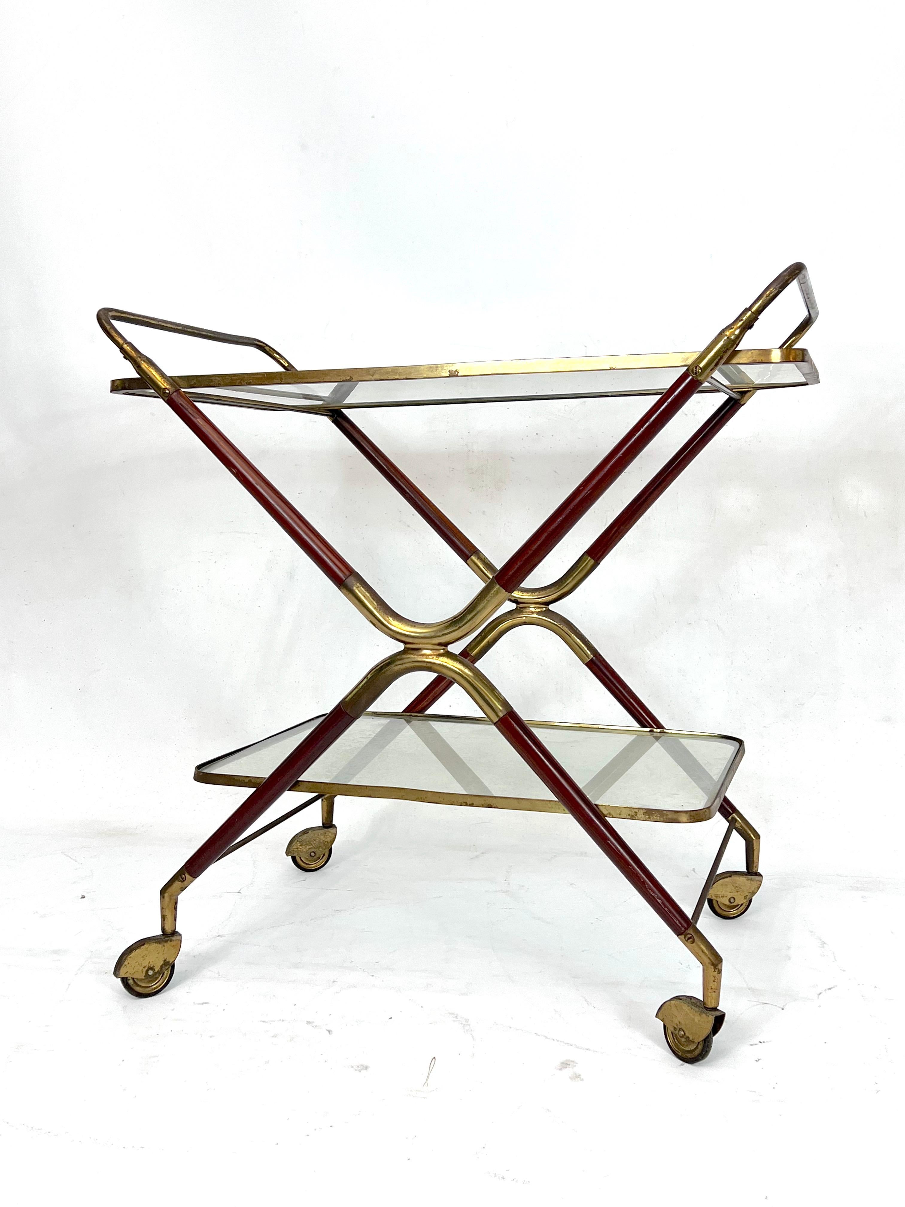 Mid-Century Modern Cesare Lacca, Mid-Century Brass and Wood Bar Cart, Italy, 1950s