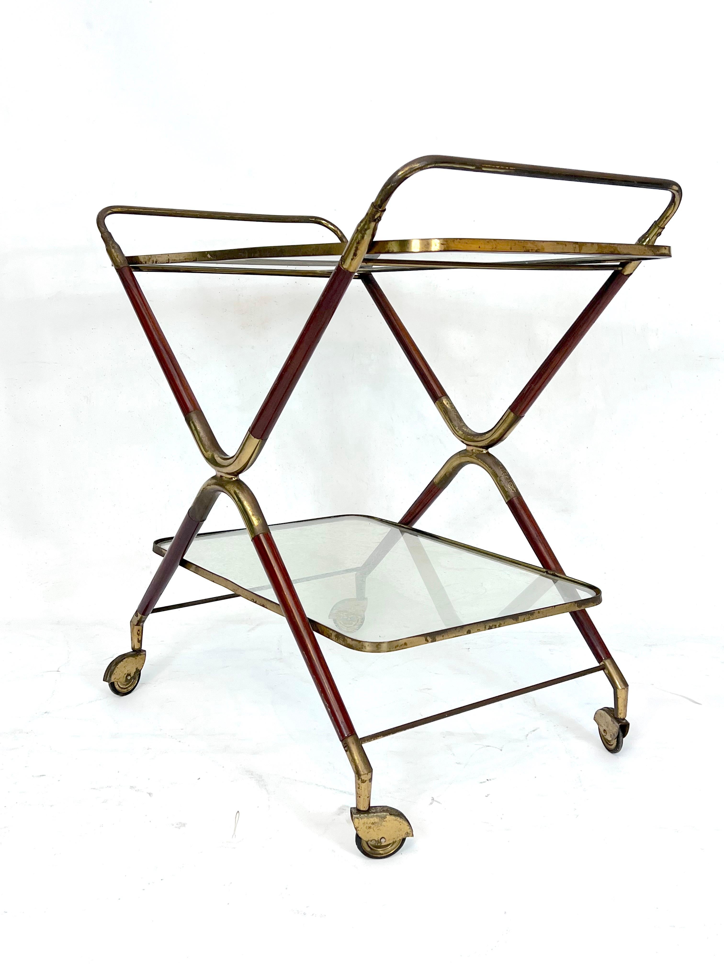 Italian Cesare Lacca, Mid-Century Brass and Wood Bar Cart, Italy, 1950s