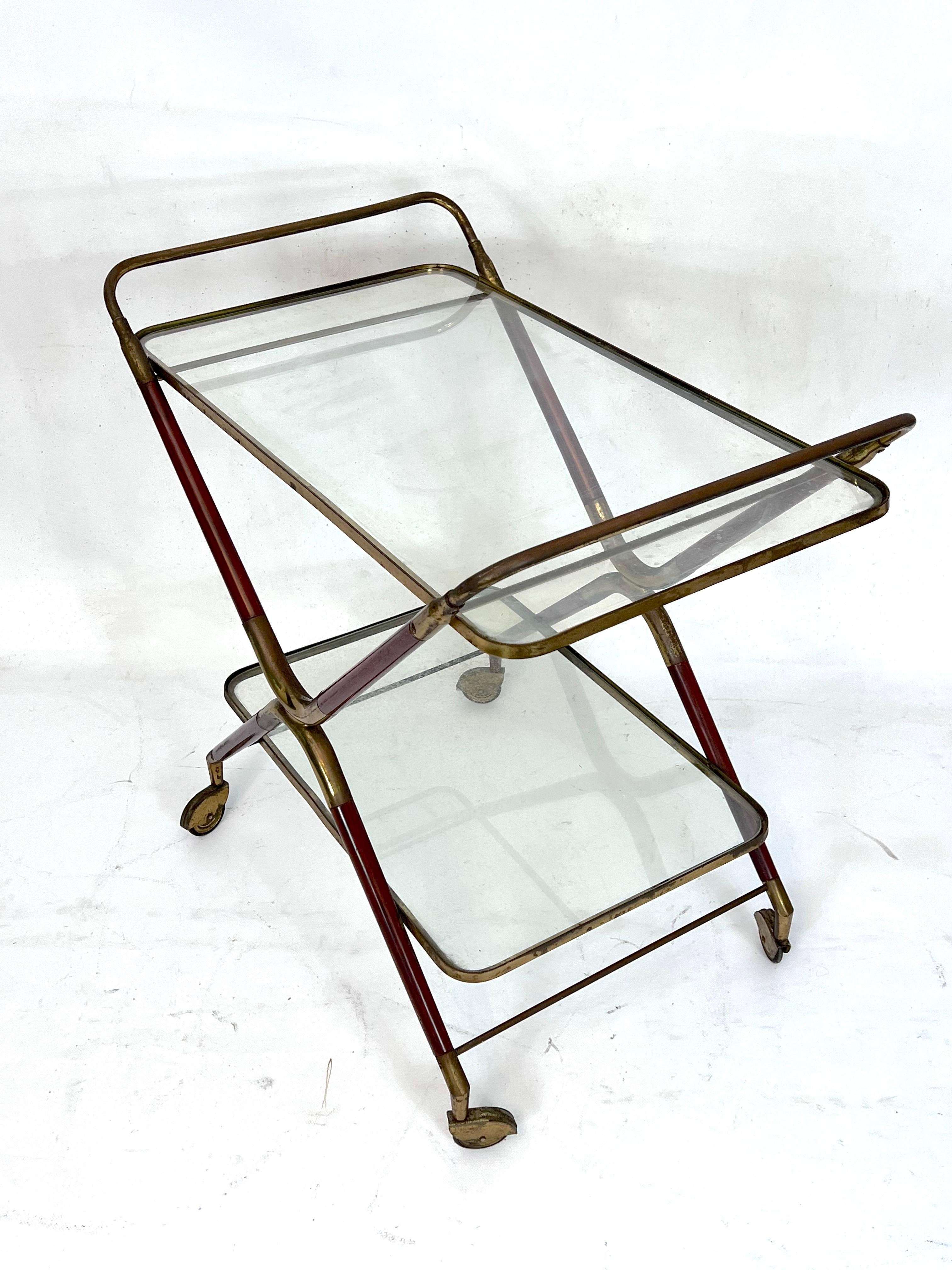 Cesare Lacca, Mid-Century Brass and Wood Bar Cart, Italy, 1950s In Good Condition In Catania, CT