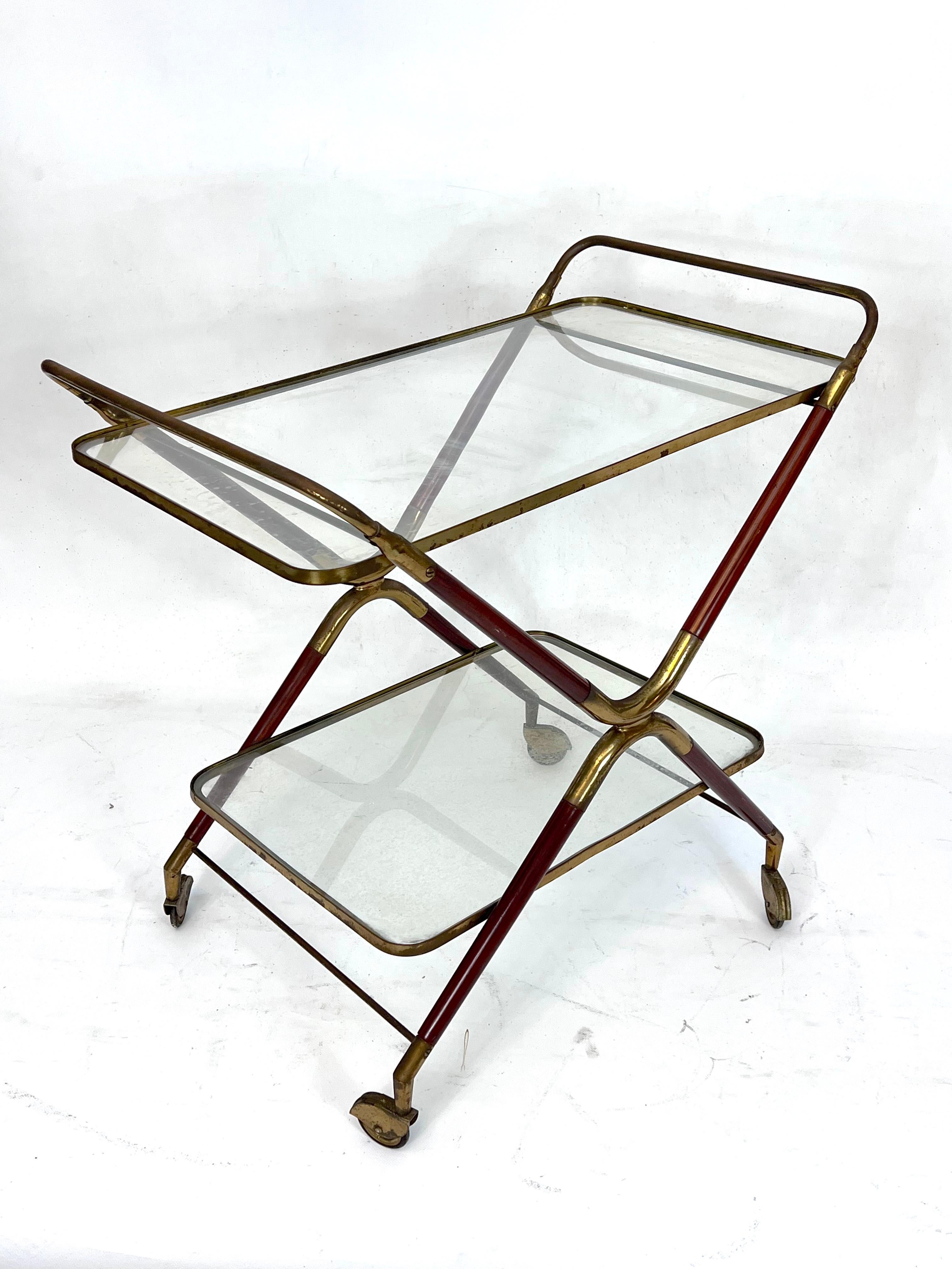 20th Century Cesare Lacca, Mid-Century Brass and Wood Bar Cart, Italy, 1950s
