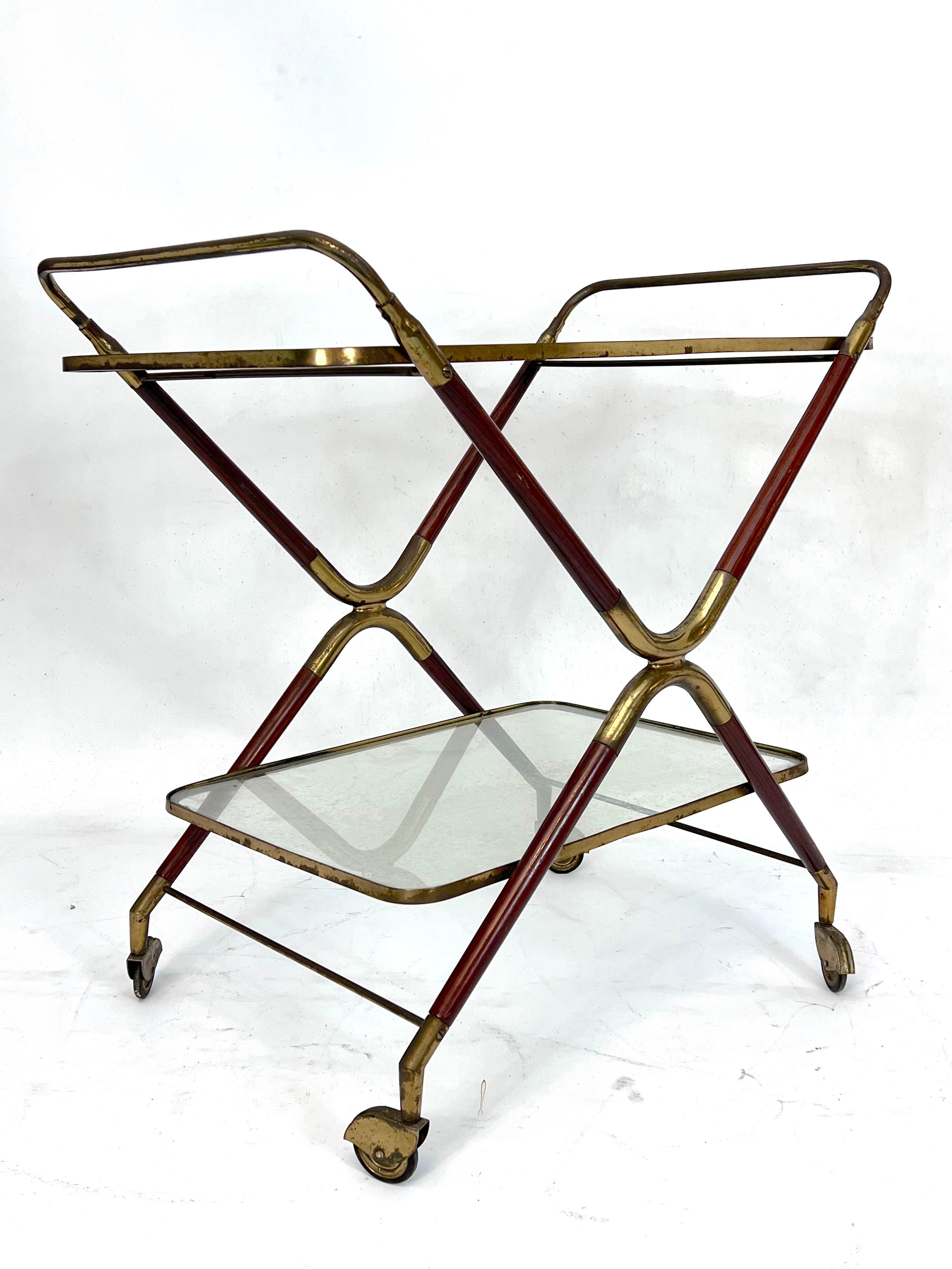 Cesare Lacca, Mid-Century Brass and Wood Bar Cart, Italy, 1950s 1