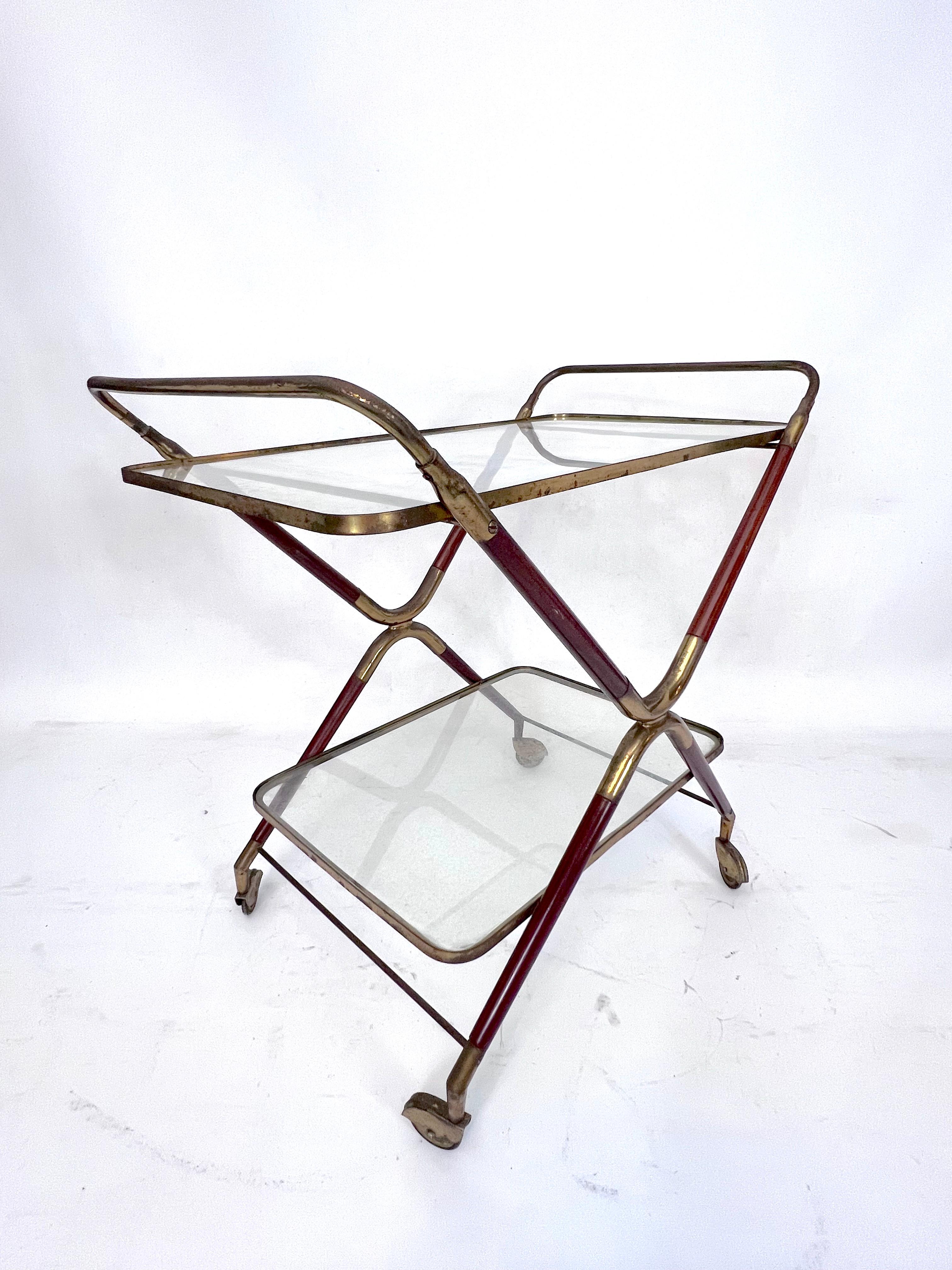 Cesare Lacca, Mid-Century Brass and Wood Bar Cart, Italy, 1950s 3