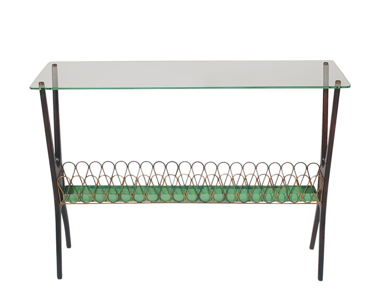 Cesare Lacca Midcentury Italian Modern Glass and Walnut Console Table In Good Condition In Philadelphia, PA