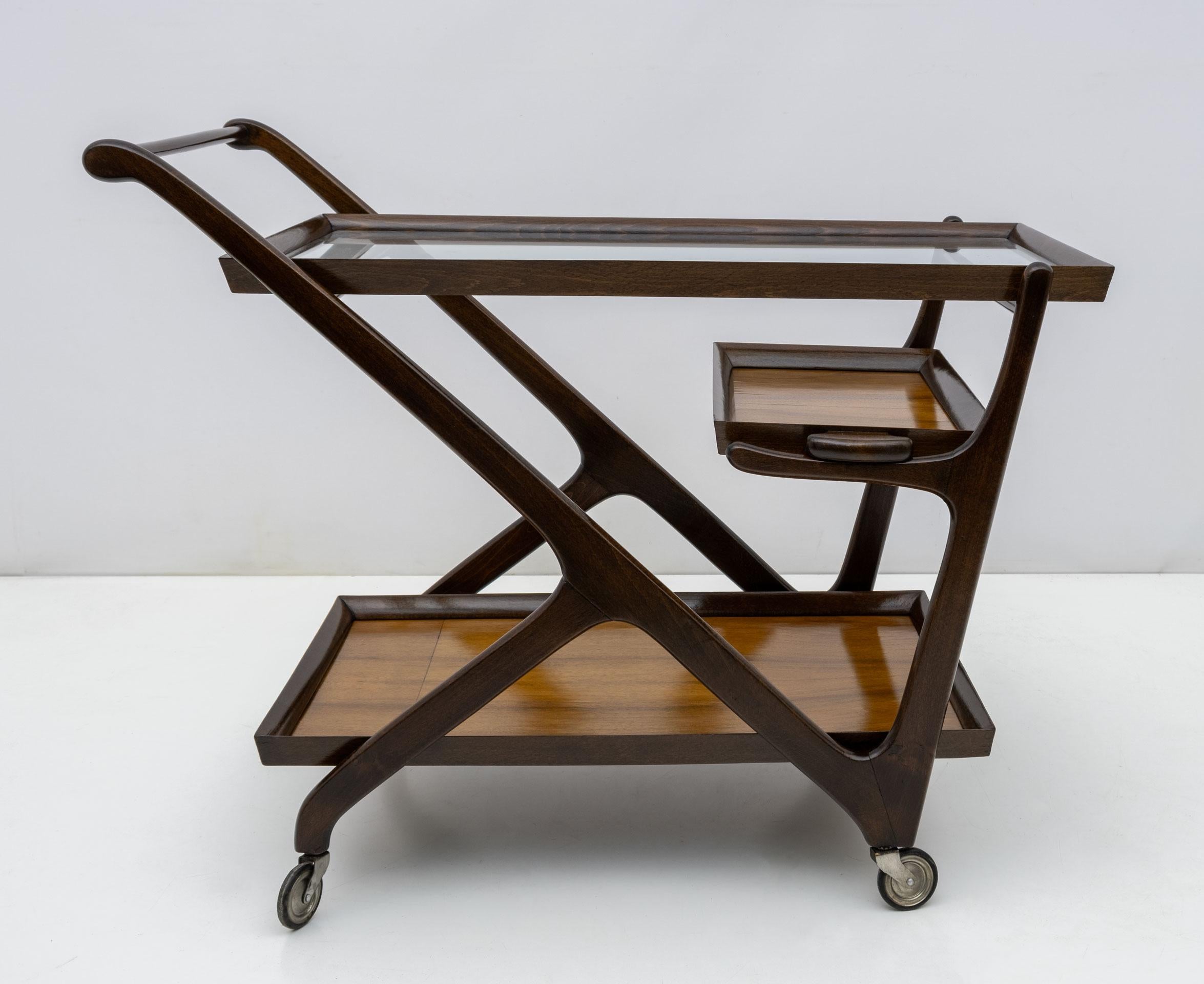 Glass Cesare Lacca Mid-Century Modern Italian Walnut Bar Cart by Cassina, 1950s For Sale