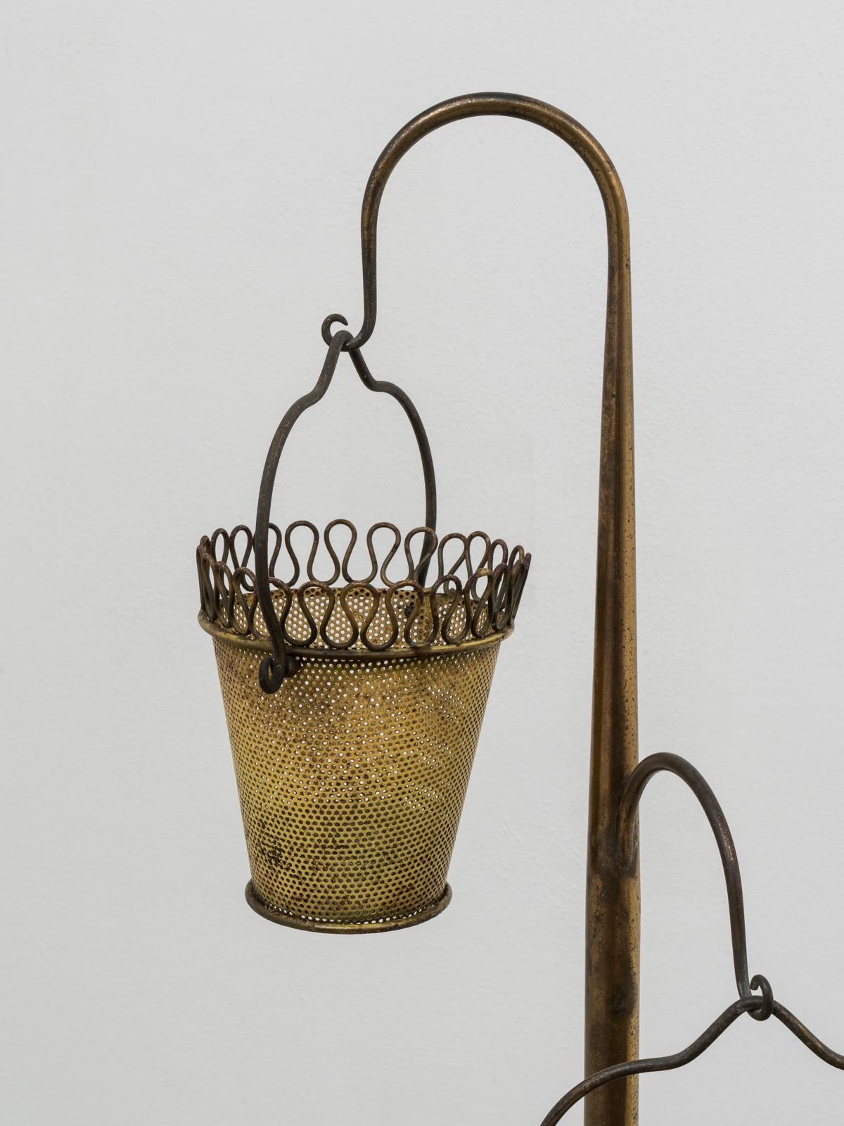 Italian Cesare Lacca Mid-Century Tripod Brass and Perforated Metal Floor Planter, 1950s For Sale