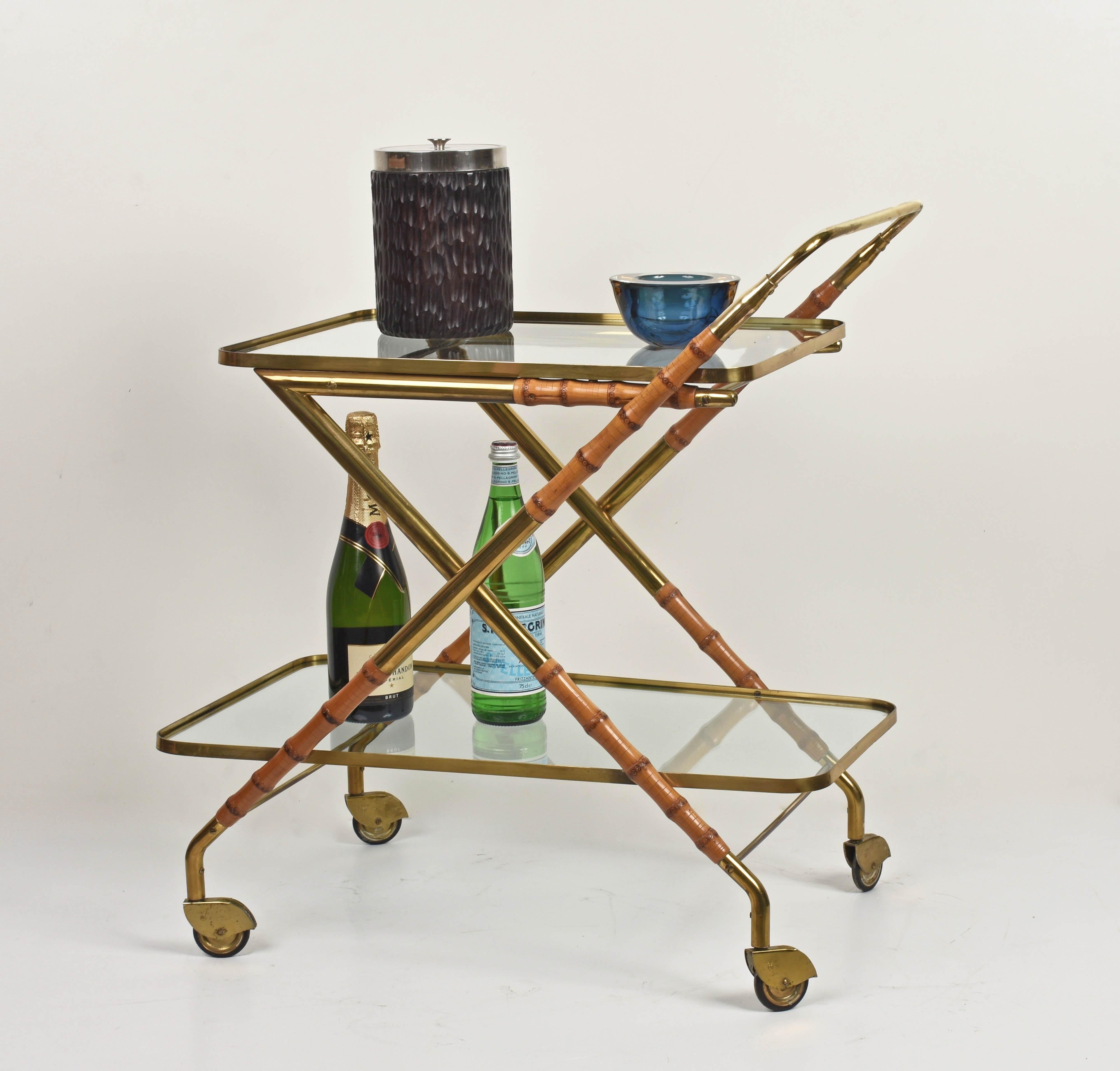 Cesare Lacca Midcentury Bamboo and Brass Italian Bar Cart Glass Shelves, 1950s 5