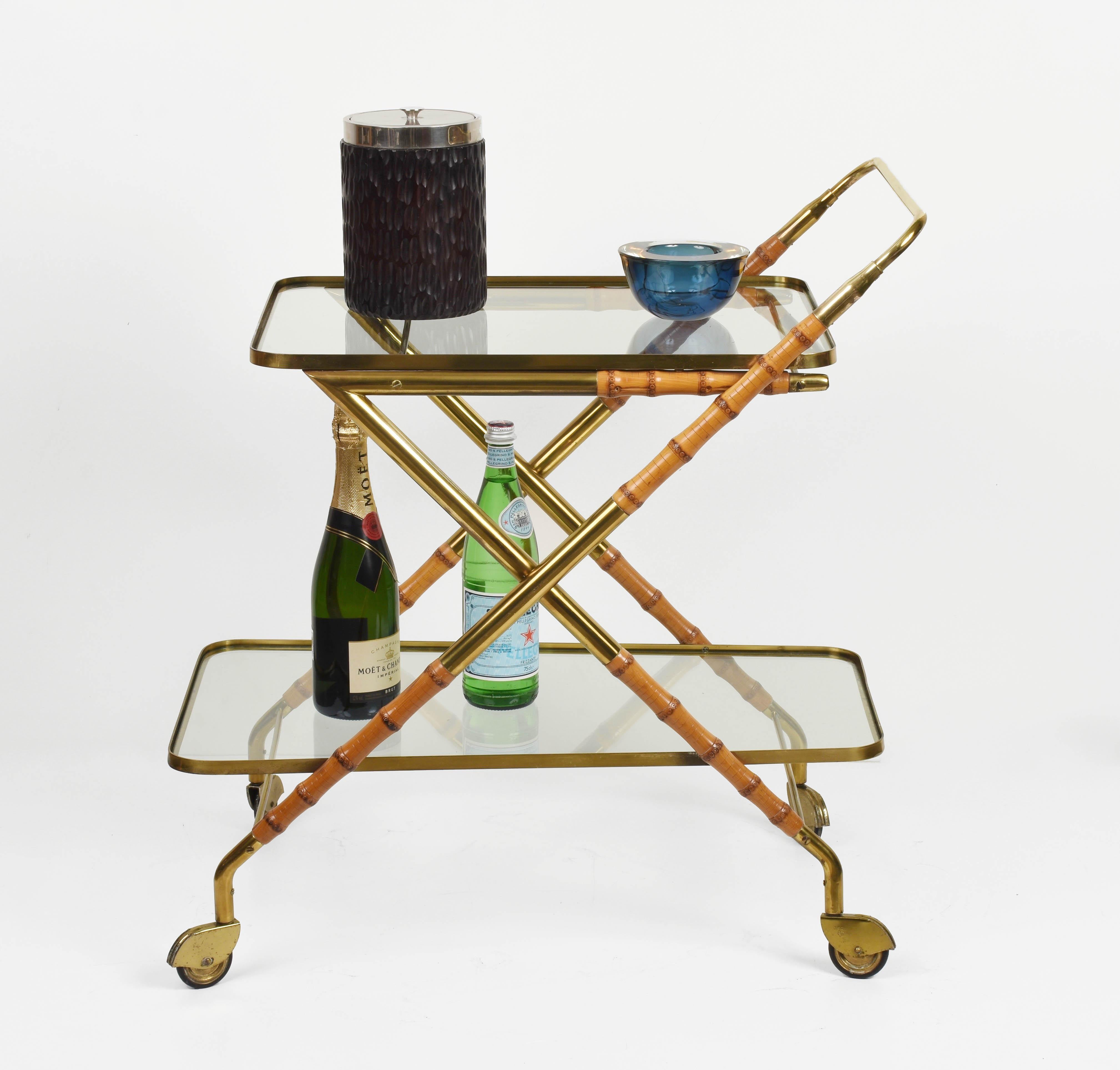 Cesare Lacca Midcentury Bamboo and Brass Italian Bar Cart Glass Shelves, 1950s 6