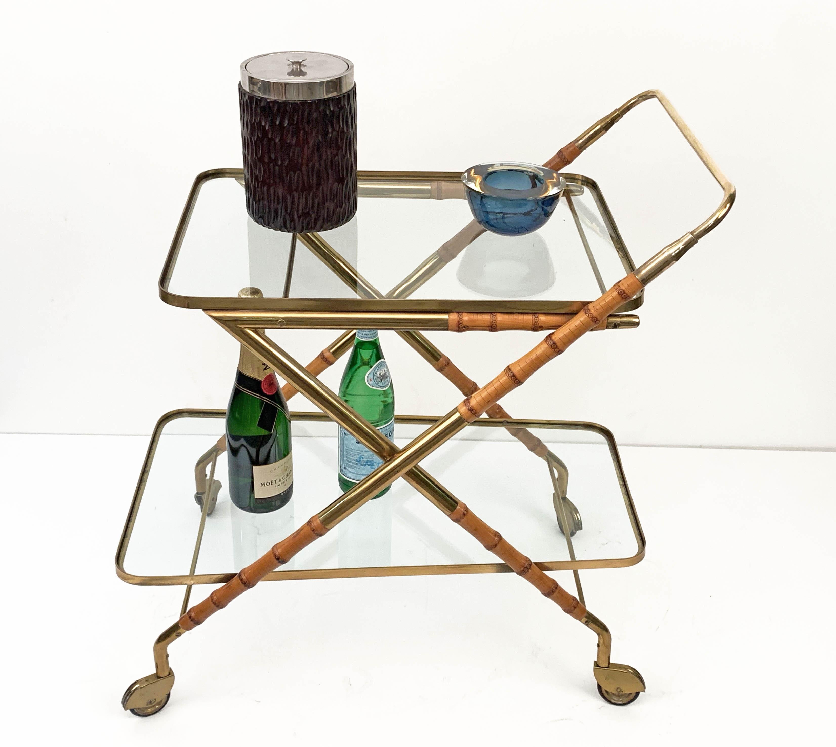 Cesare Lacca Midcentury Bamboo and Brass Italian Bar Cart Glass Shelves, 1950s 7