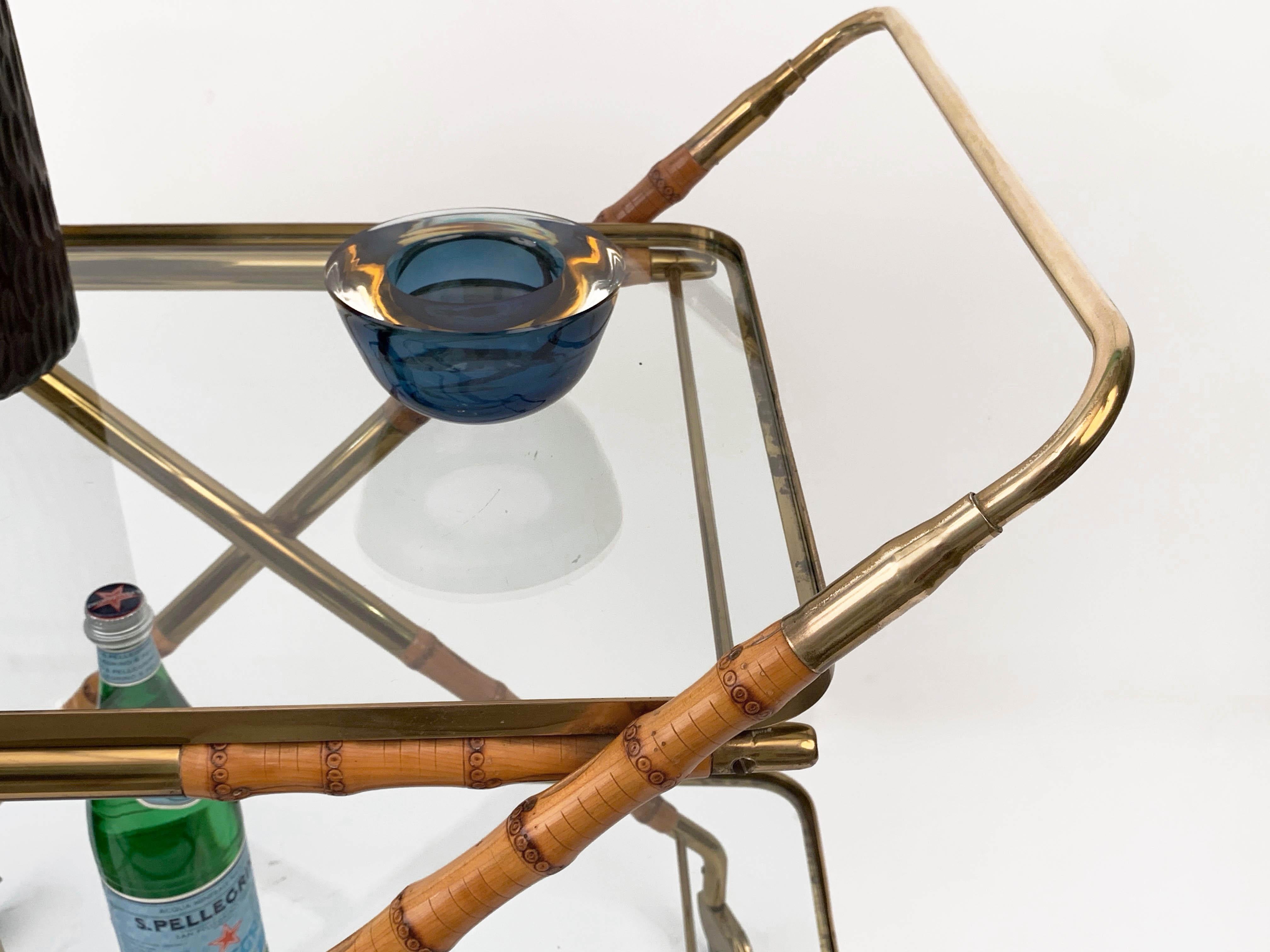 Cesare Lacca Midcentury Bamboo and Brass Italian Bar Cart Glass Shelves, 1950s 8