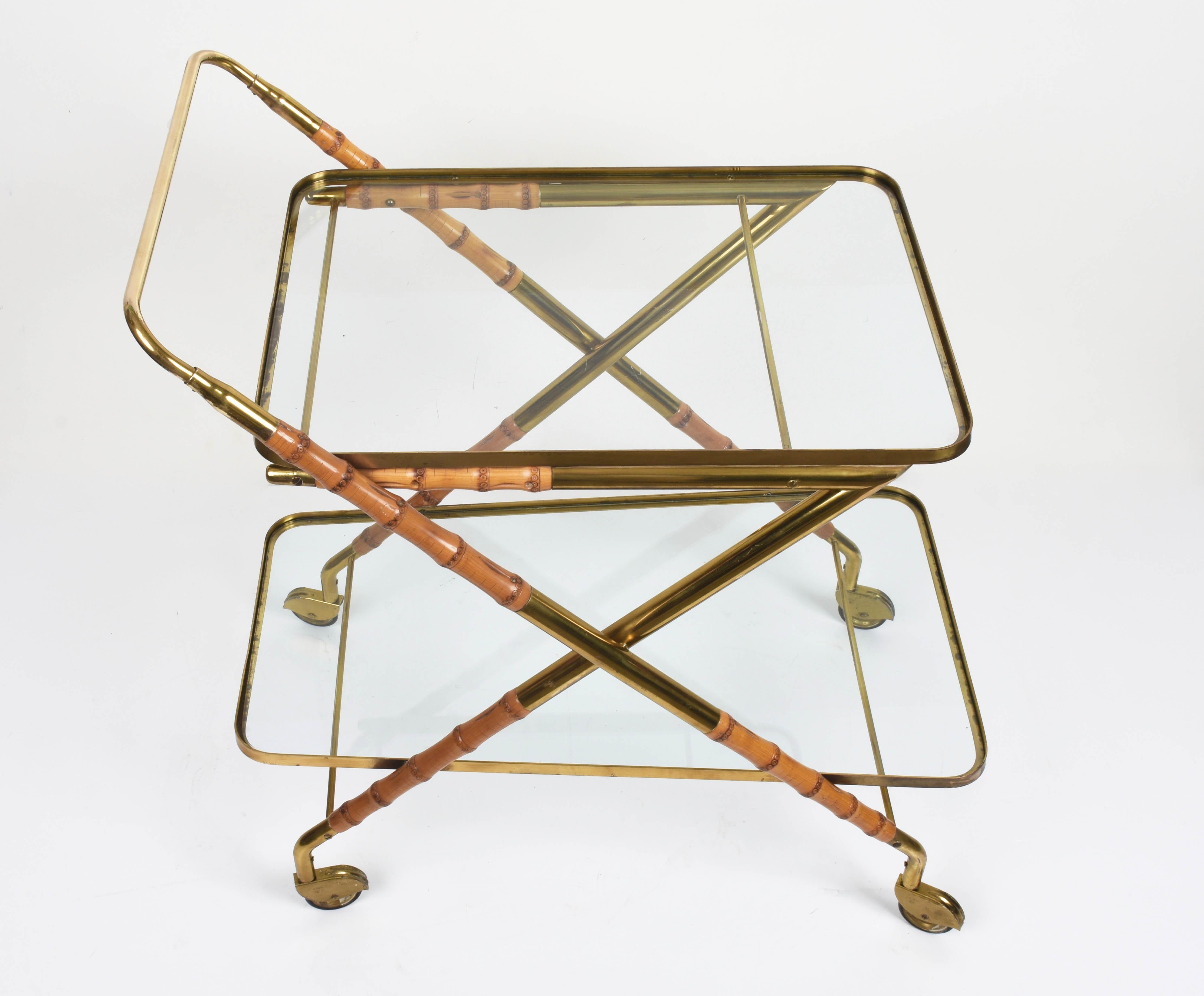 Mid-Century Modern Cesare Lacca Midcentury Bamboo and Brass Italian Bar Cart Glass Shelves, 1950s