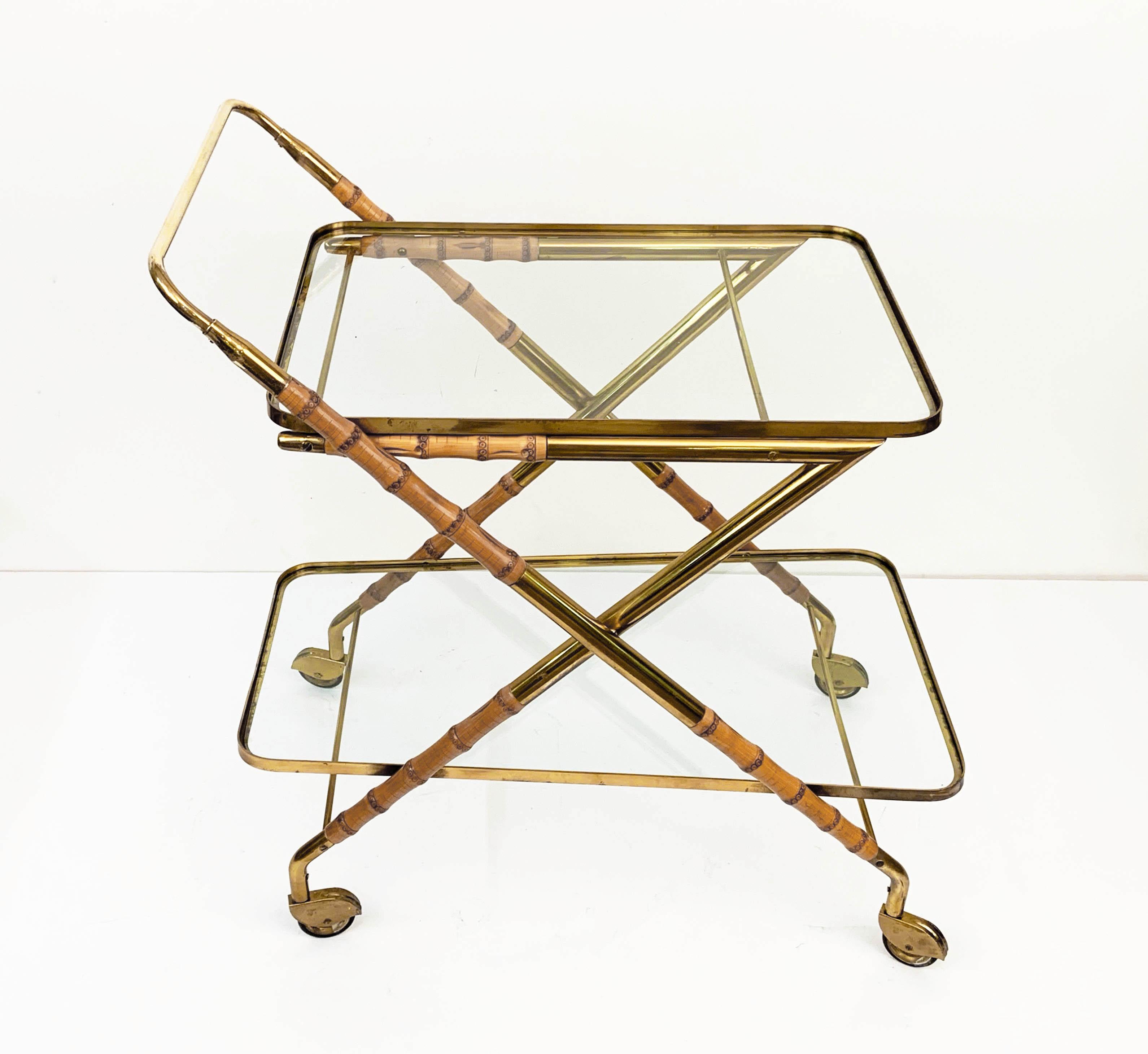 Cesare Lacca Midcentury Bamboo and Brass Italian Bar Cart Glass Shelves, 1950s 1