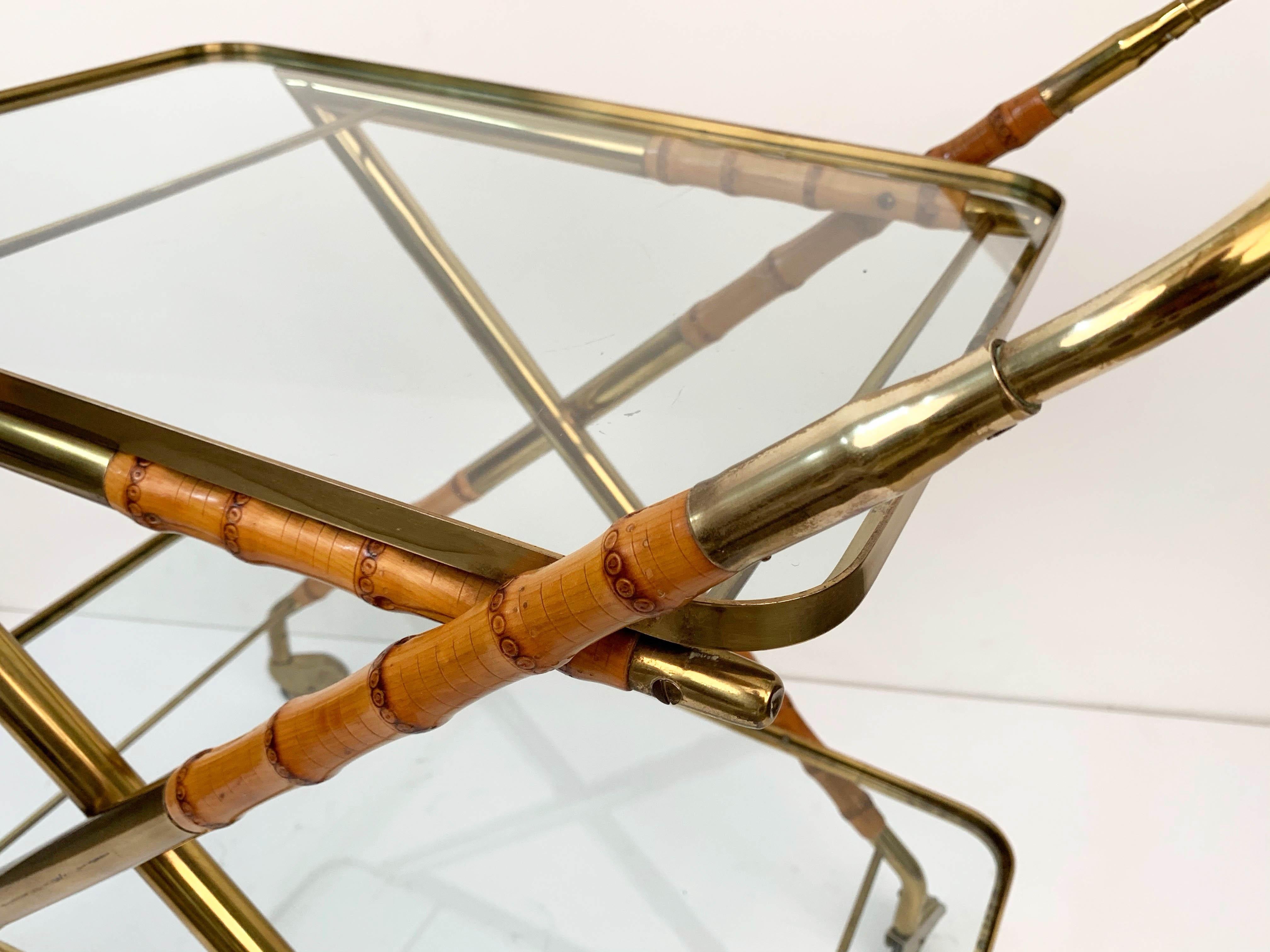 Cesare Lacca Midcentury Bamboo and Brass Italian Bar Cart Glass Shelves, 1950s 2