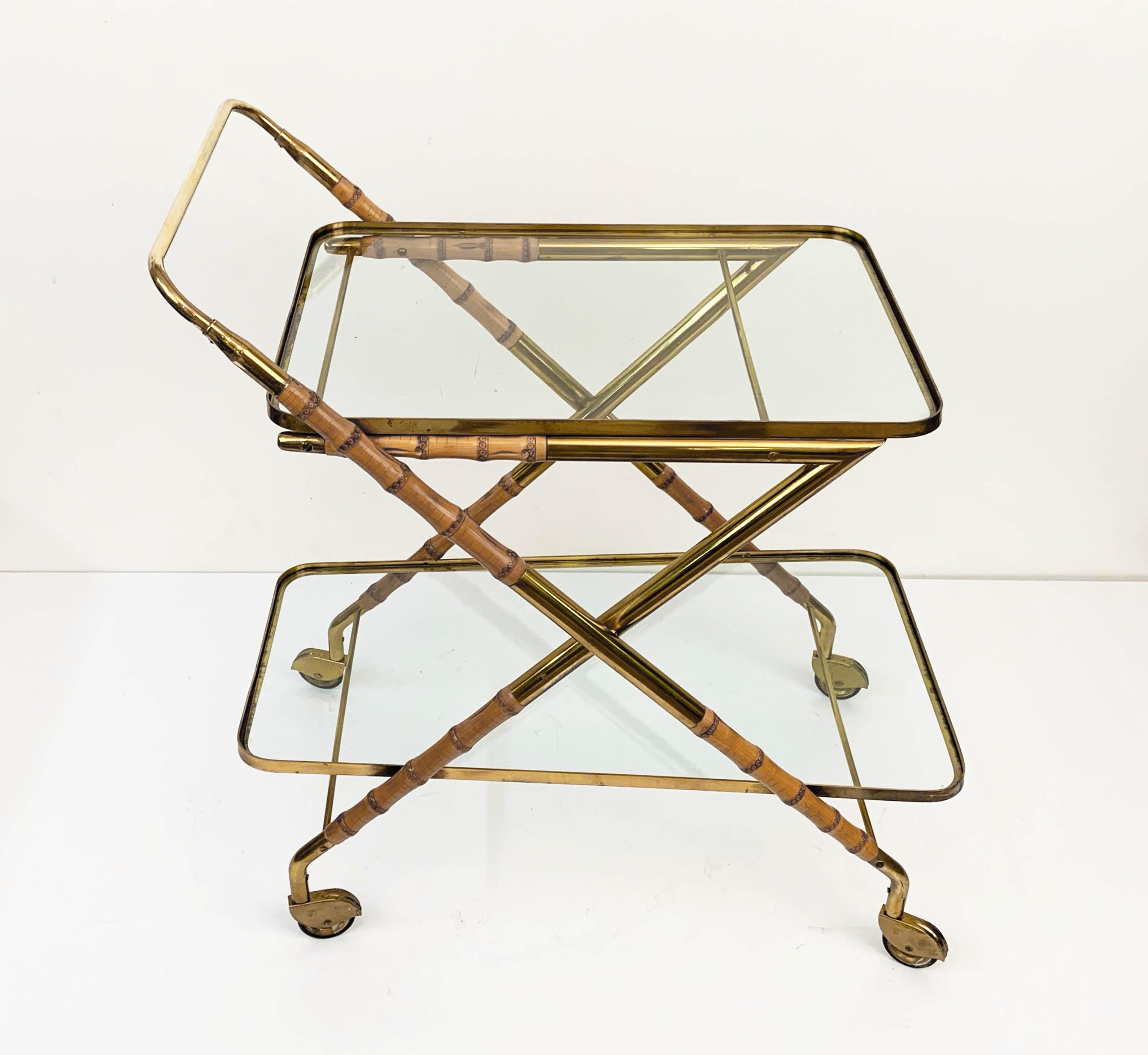 Cesare Lacca Midcentury Bamboo and Brass Italian Bar Cart Glass Shelves, 1950s 3