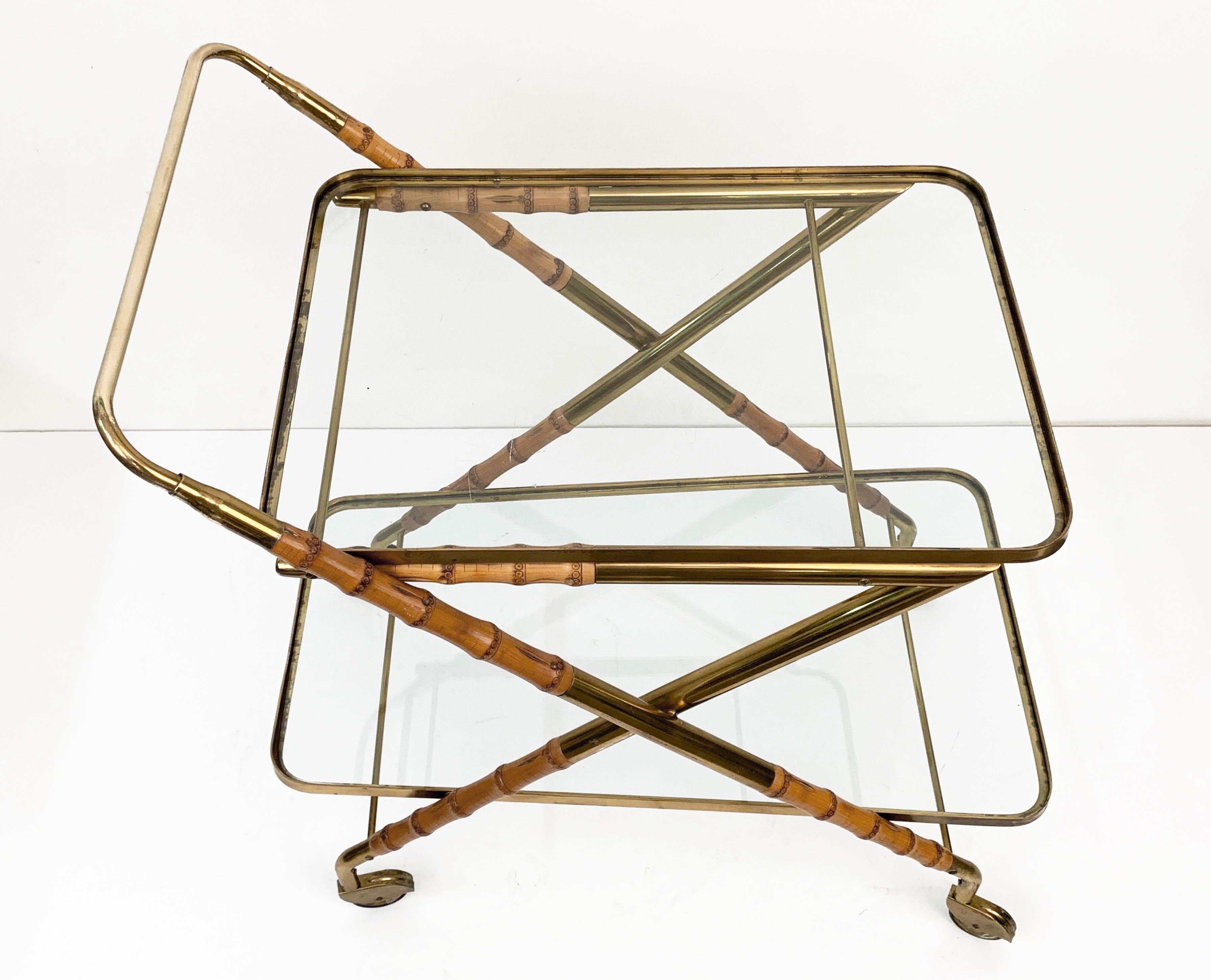Cesare Lacca Midcentury Bamboo and Brass Italian Bar Cart Glass Shelves, 1950s 4