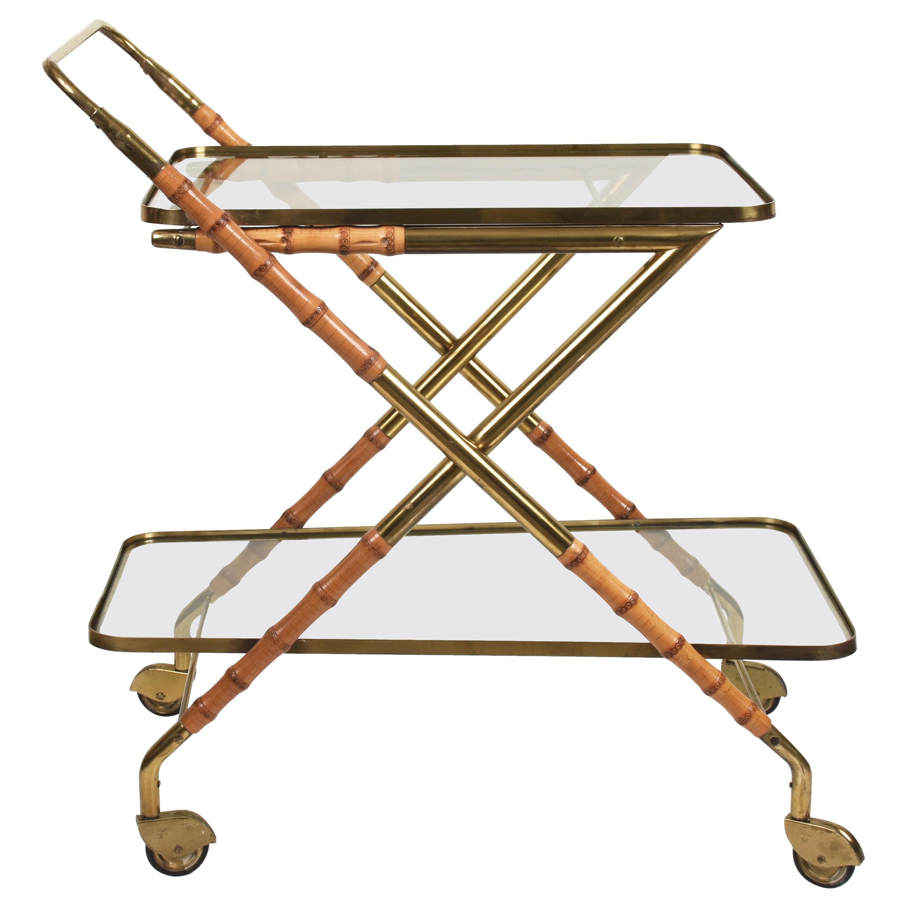 Cesare Lacca Midcentury Bamboo and Brass Italian Bar Cart Glass Shelves, 1950s