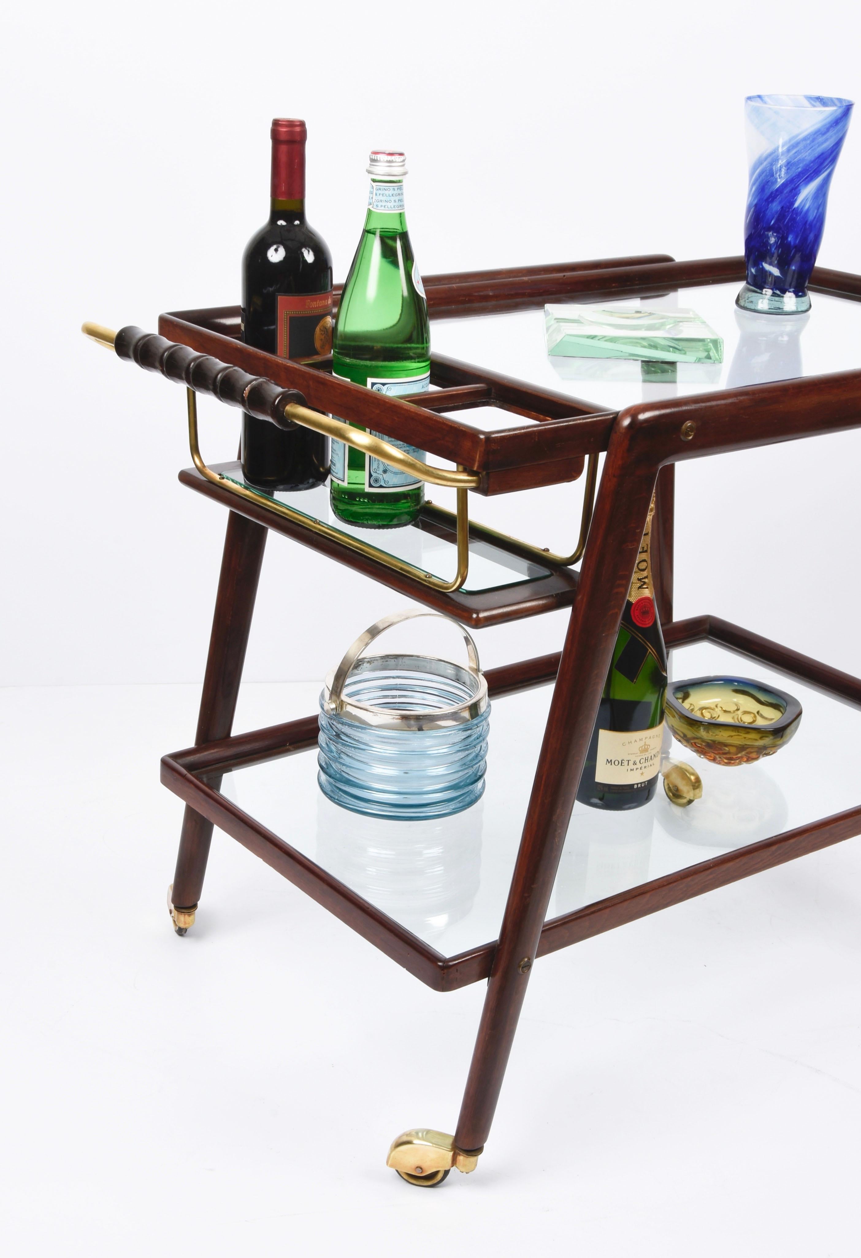 Cesare Lacca Midcentury Beech and Brass Italian Serving Bar Cart Italy, 1950s 5