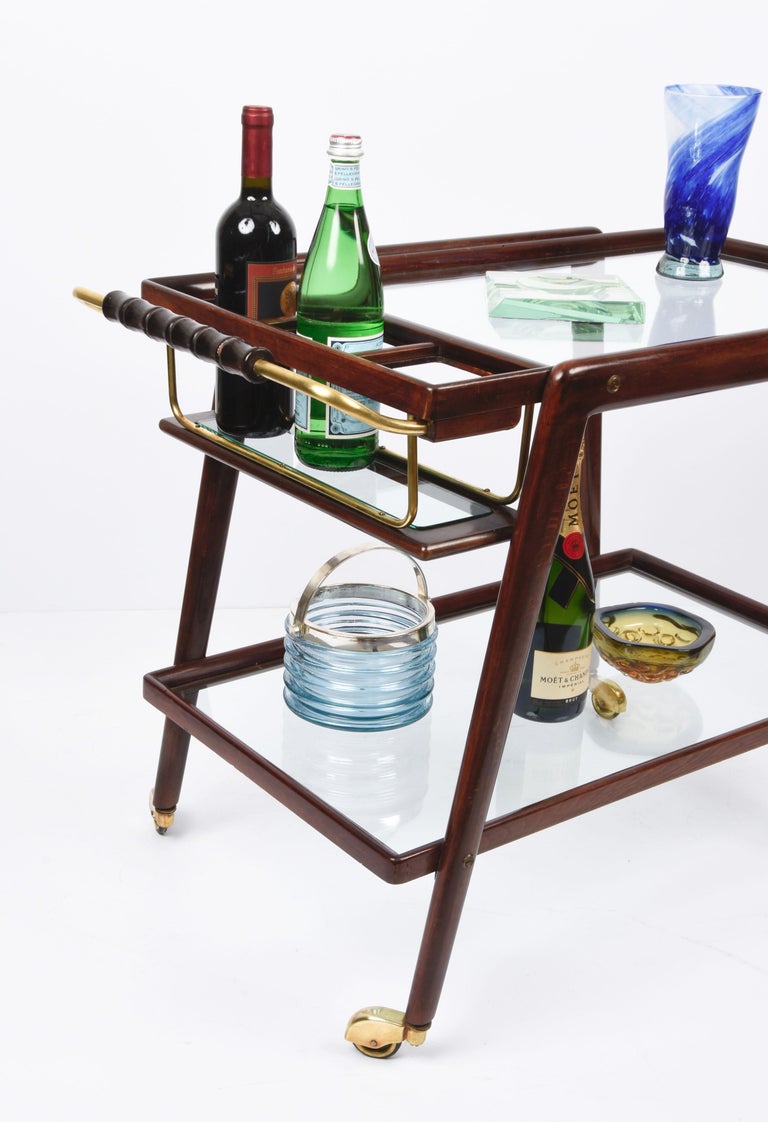 Cesare Lacca Midcentury Beech and Brass Italian Serving Bar Cart Italy, 1950s For Sale 5