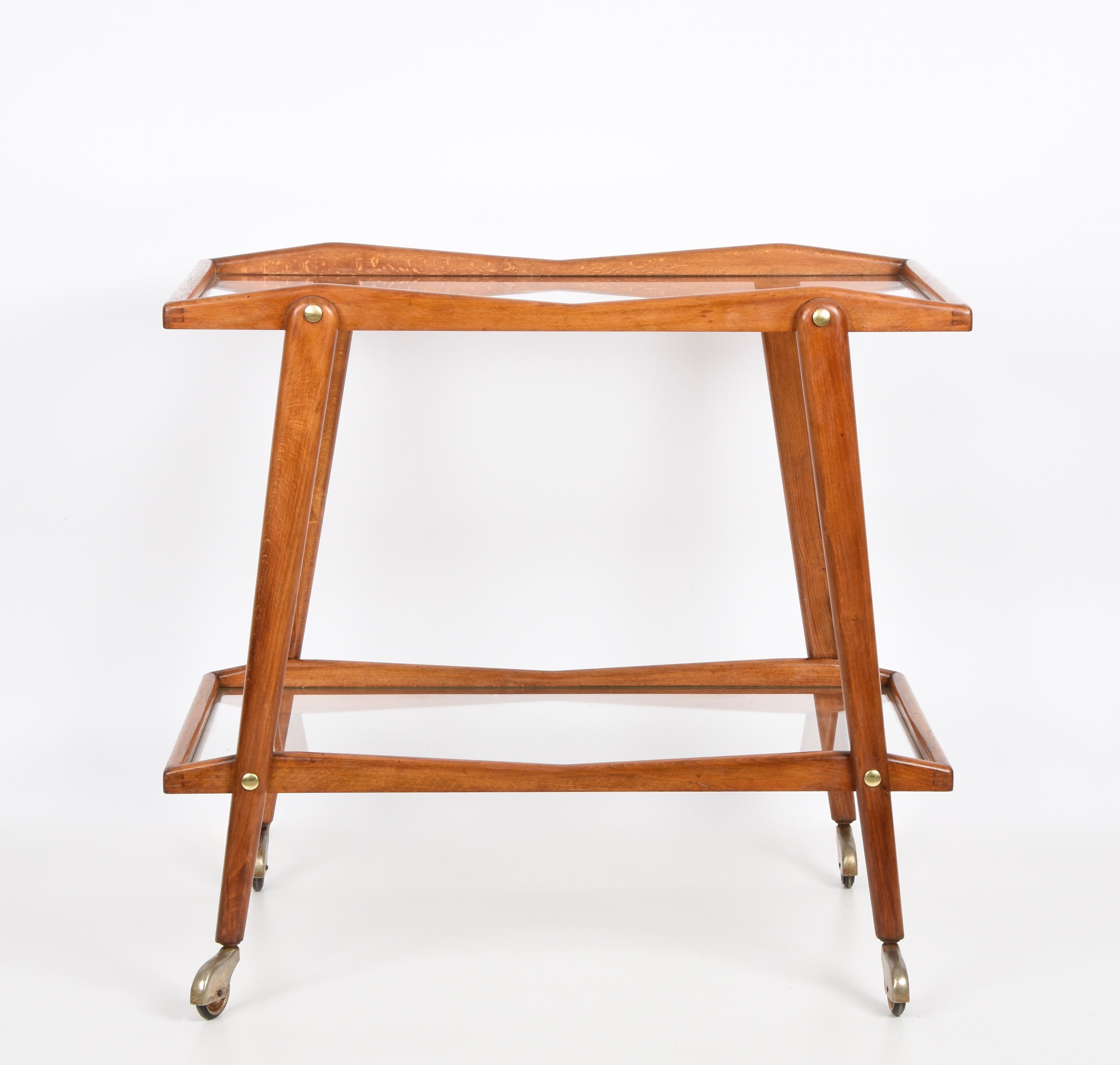 Cesare Lacca Midcentury Beech and Brass Italian Serving Bar Cart Italy, 1950s 7