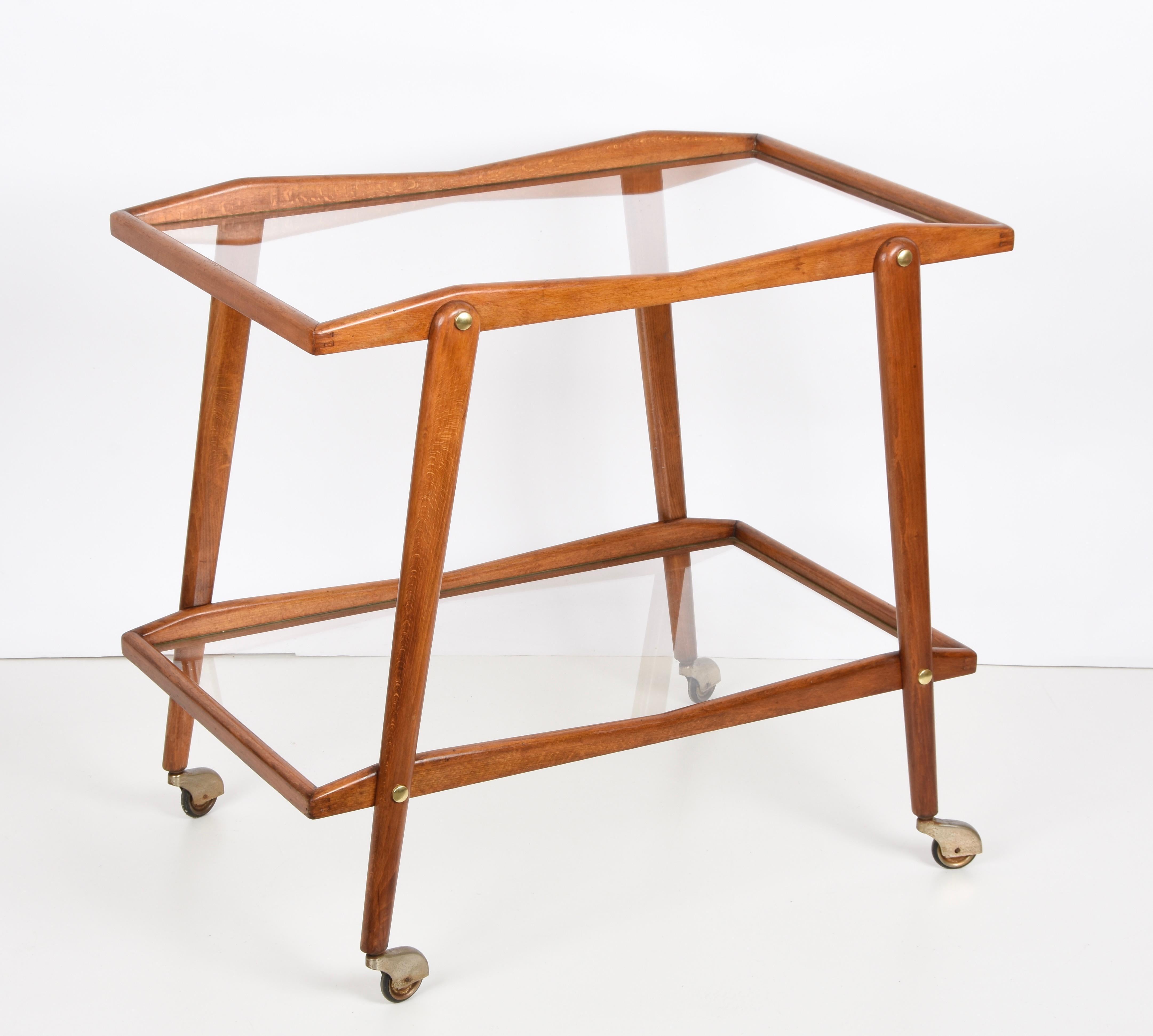 Cesare Lacca Midcentury Beech and Brass Italian Serving Bar Cart Italy, 1950s 8