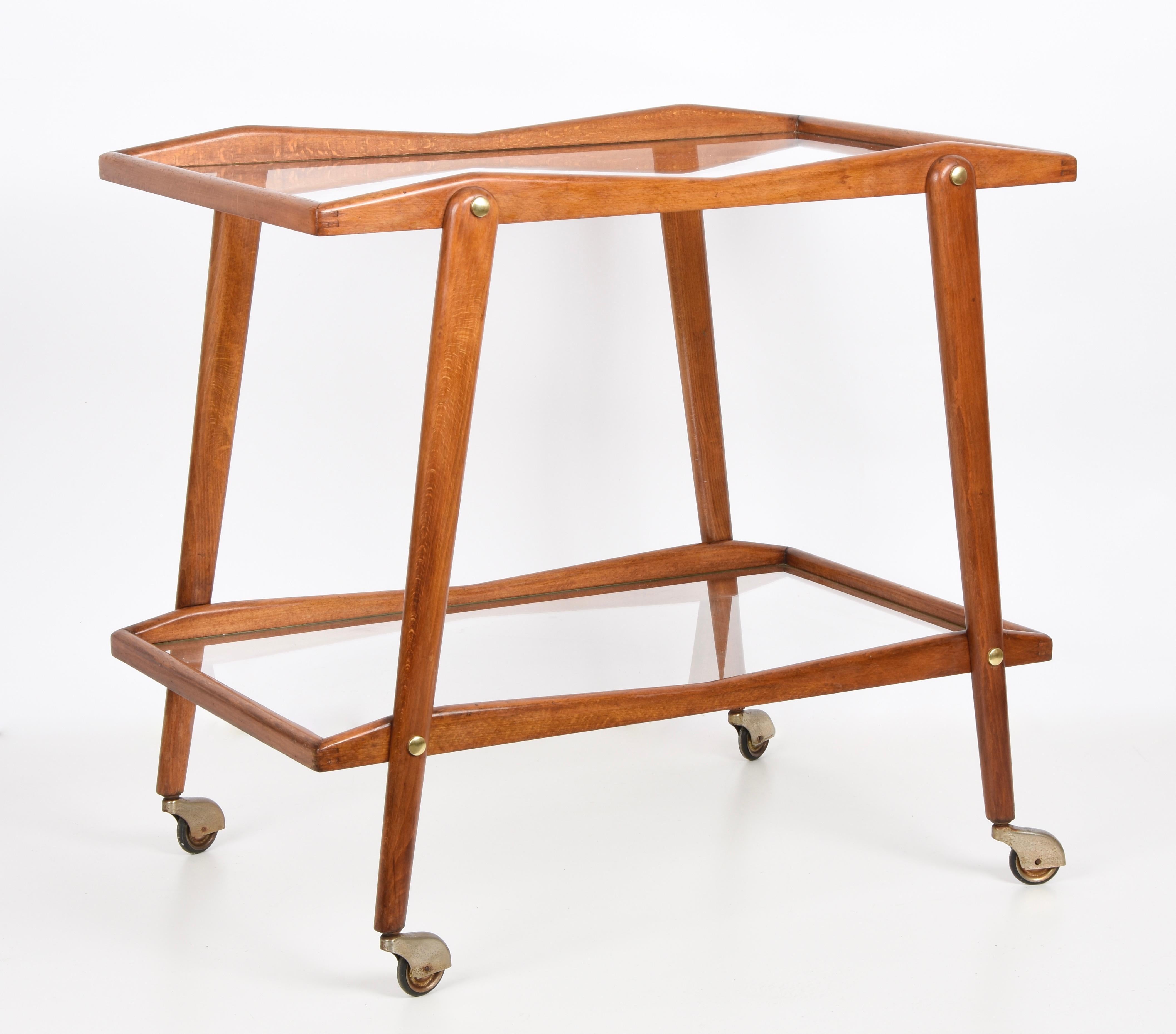 Cesare Lacca Midcentury Beech and Brass Italian Serving Bar Cart Italy, 1950s 9