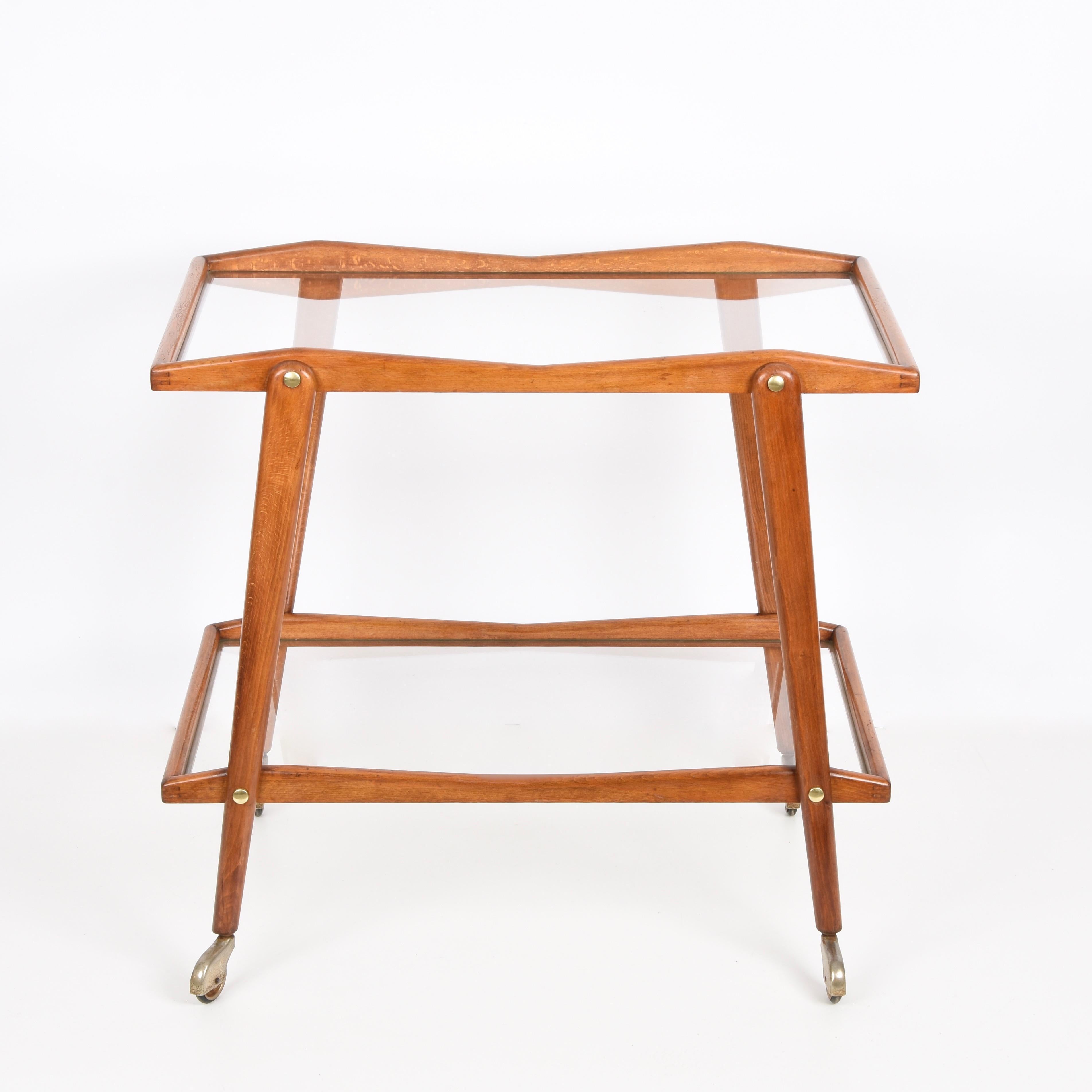 Mid-Century Modern Cesare Lacca Midcentury Beech and Brass Italian Serving Bar Cart Italy, 1950s