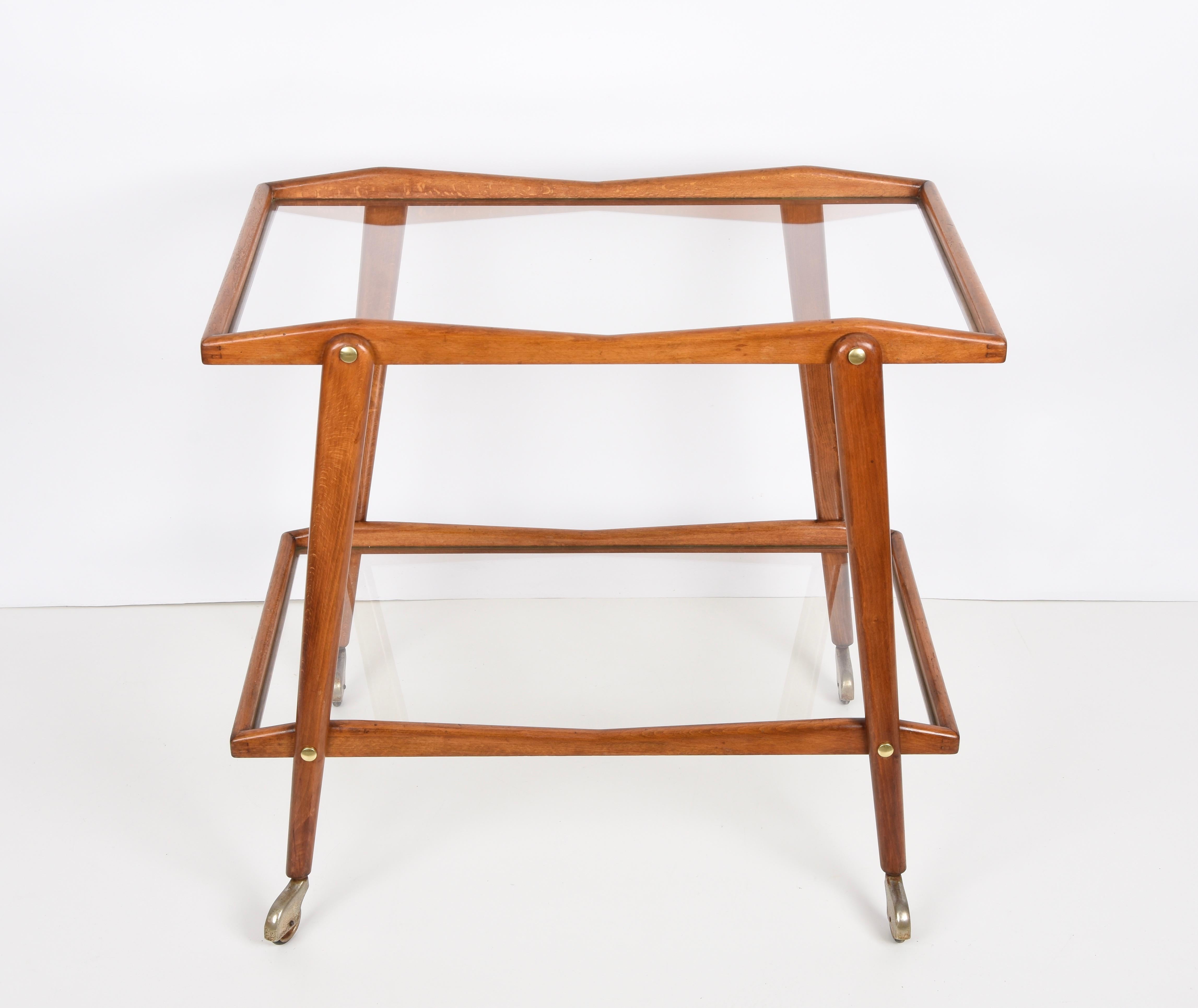 Cesare Lacca Midcentury Beech and Brass Italian Serving Bar Cart Italy, 1950s In Good Condition In Roma, IT