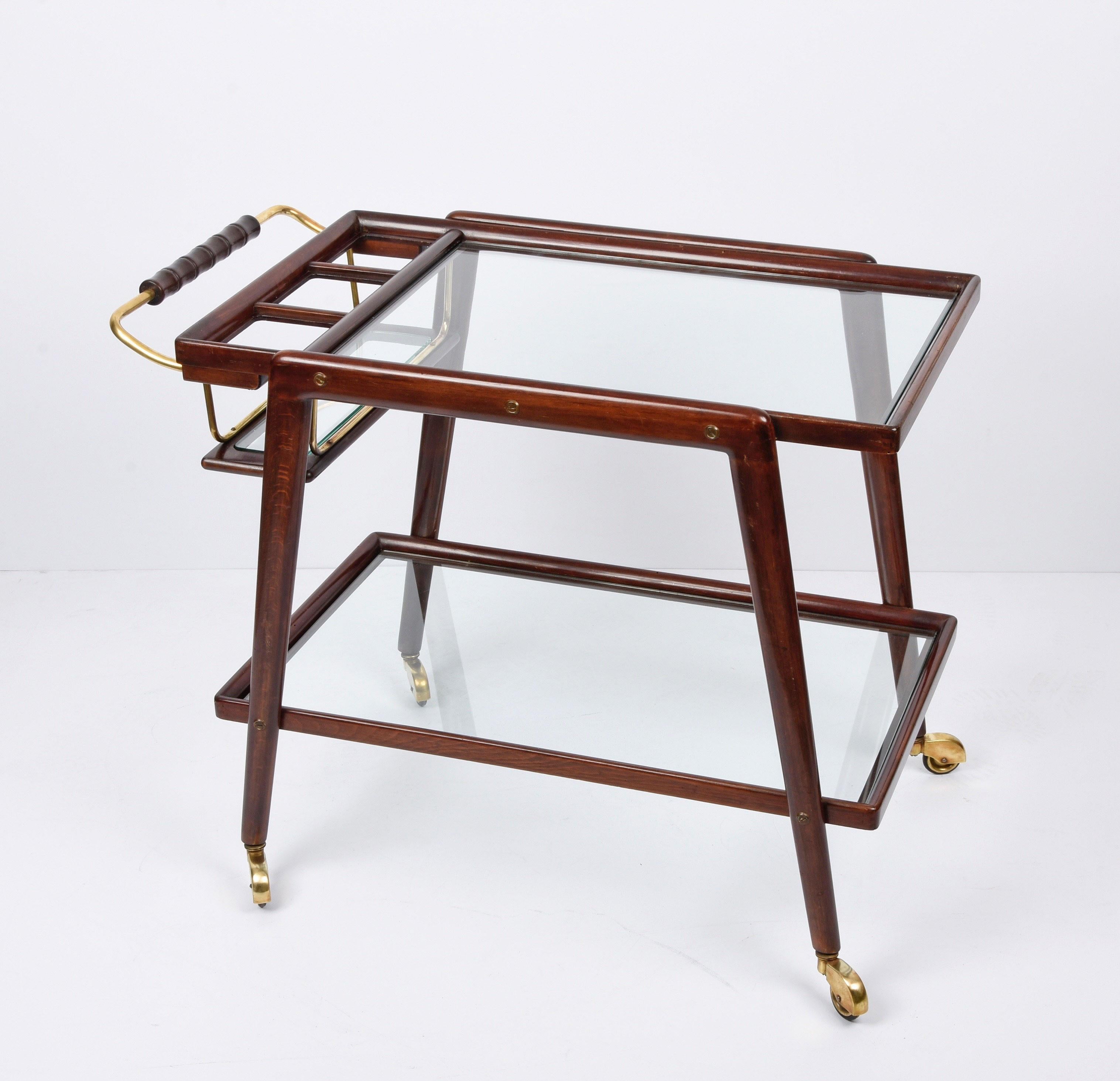 Cesare Lacca Midcentury Beech and Brass Italian Serving Bar Cart Italy, 1950s In Good Condition In Roma, IT