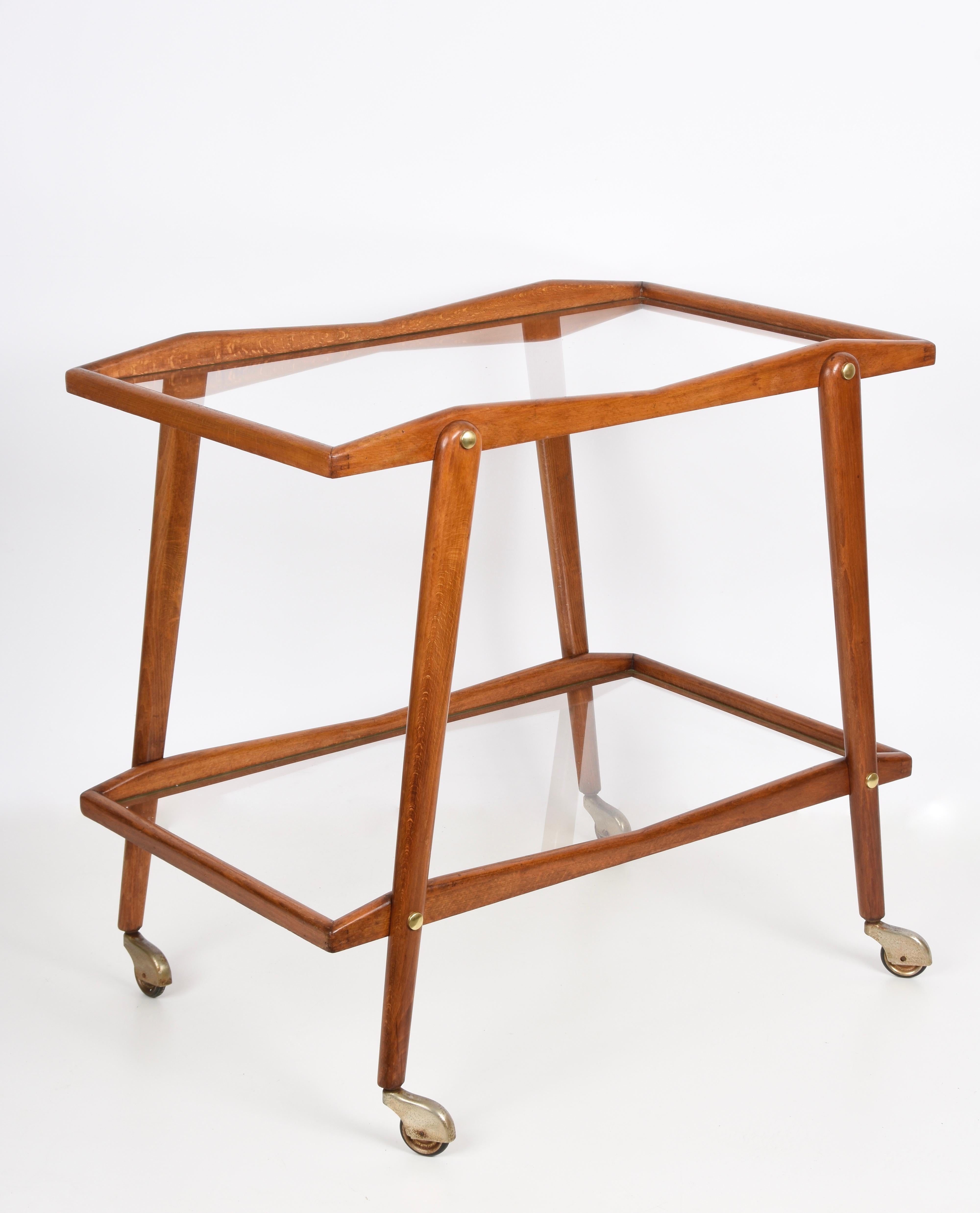 Cesare Lacca Midcentury Beech and Brass Italian Serving Bar Cart Italy, 1950s 1
