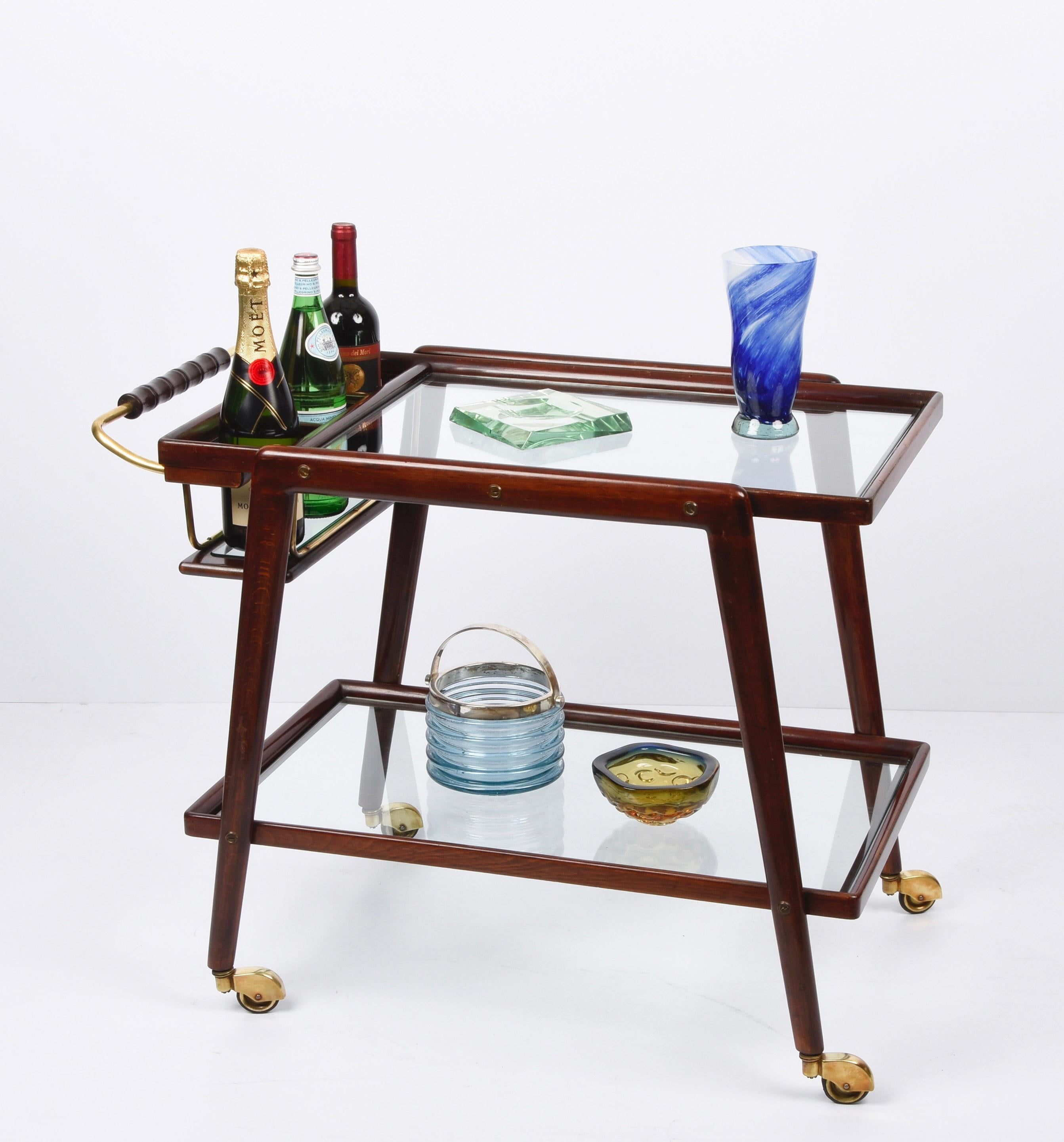 Cesare Lacca Midcentury Beech and Brass Italian Serving Bar Cart Italy, 1950s 1