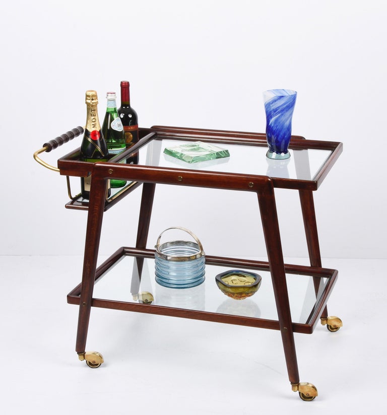 Cesare Lacca Midcentury Beech and Brass Italian Serving Bar Cart Italy, 1950s For Sale 1