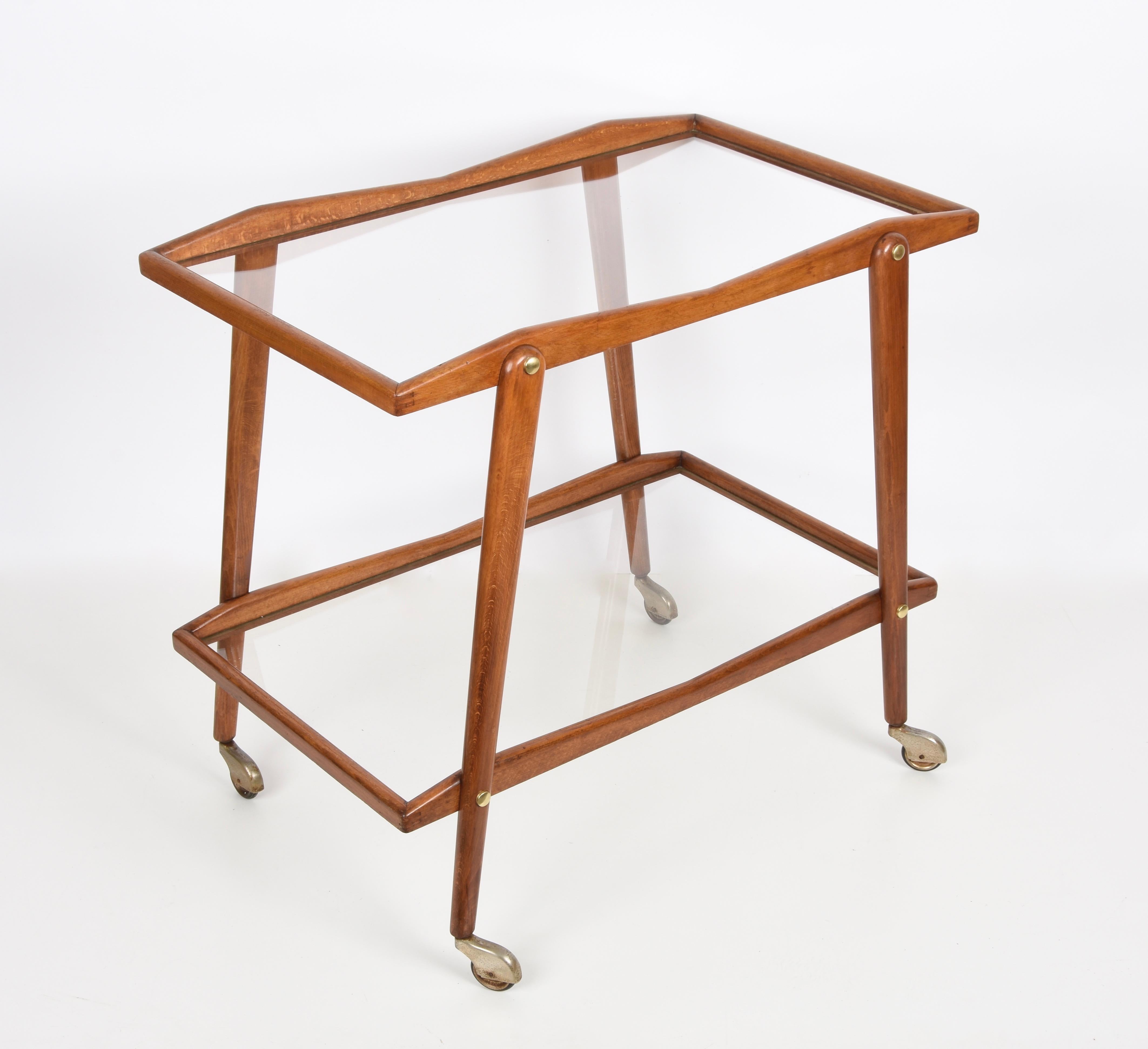 Cesare Lacca Midcentury Beech and Brass Italian Serving Bar Cart Italy, 1950s 2