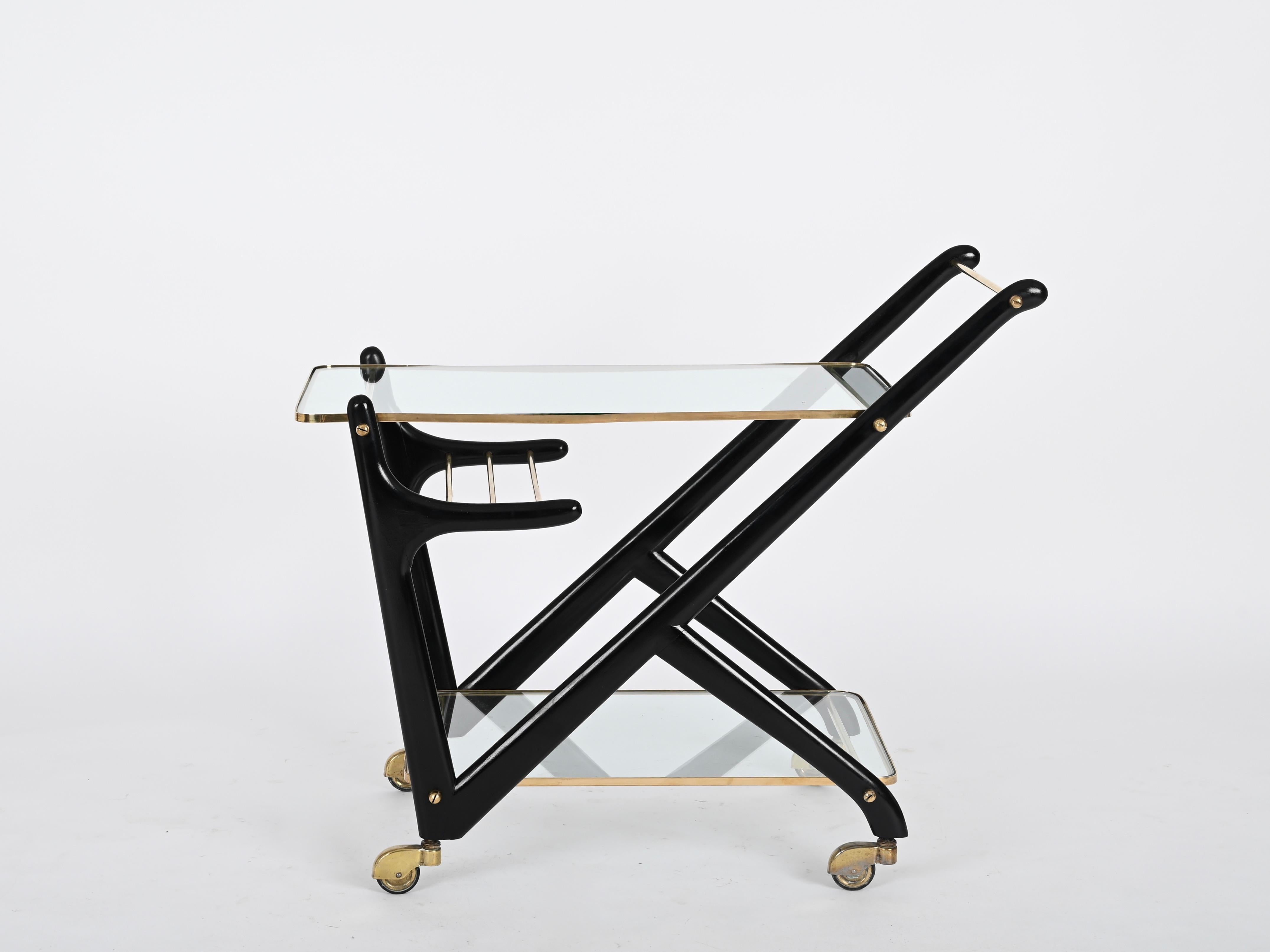 Cesare Lacca Midcentury Brass and Ebonized Wood Italian Bar Cart, 1950s For Sale 5