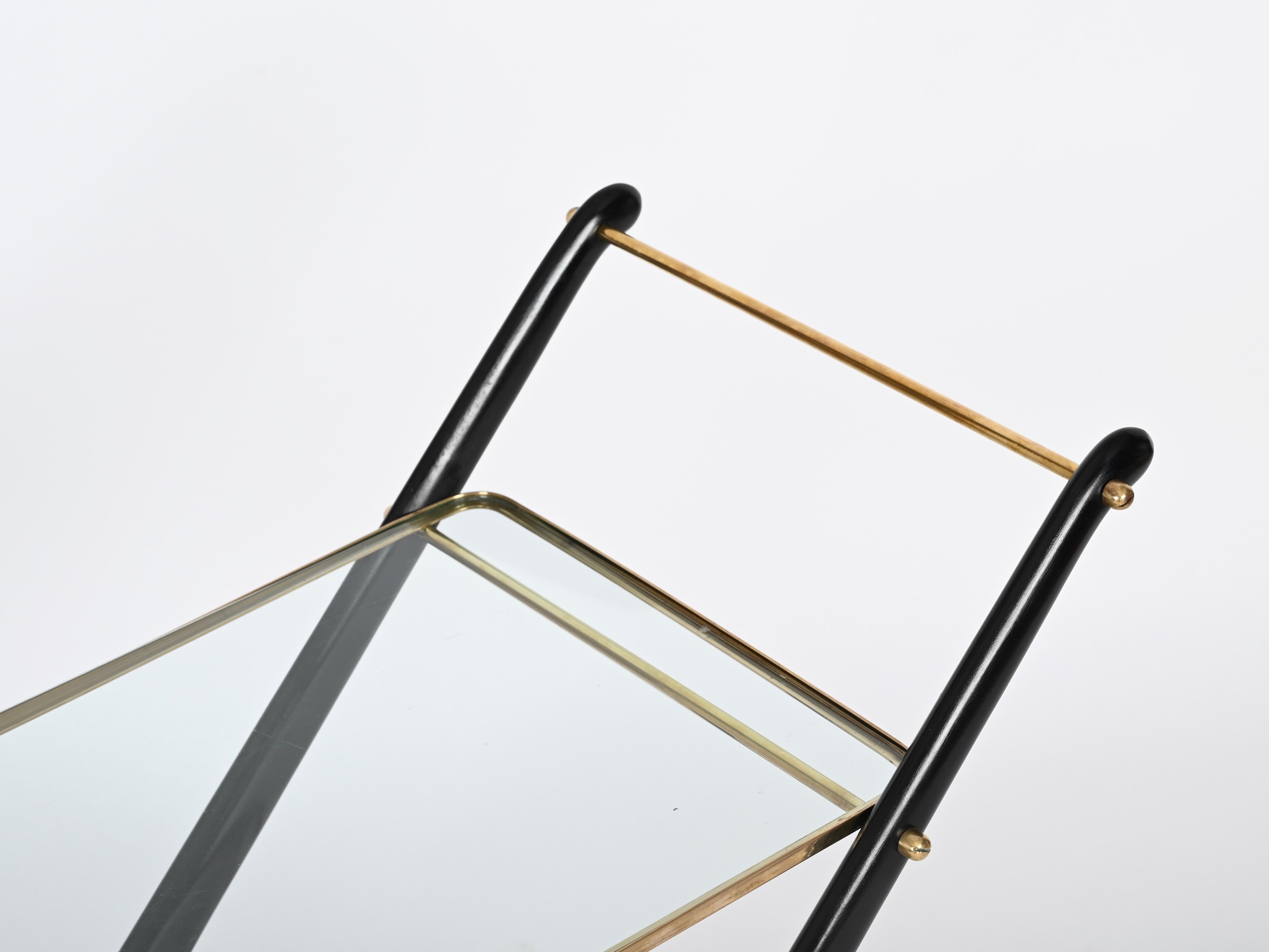 Cesare Lacca Midcentury Brass and Ebonized Wood Italian Bar Cart, 1950s For Sale 6